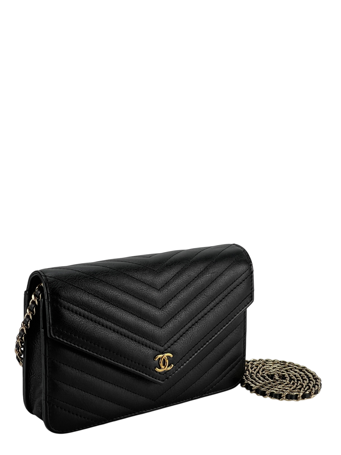 CHANEL - Black Calfskin V-stich Wallet On Chain (WOC)