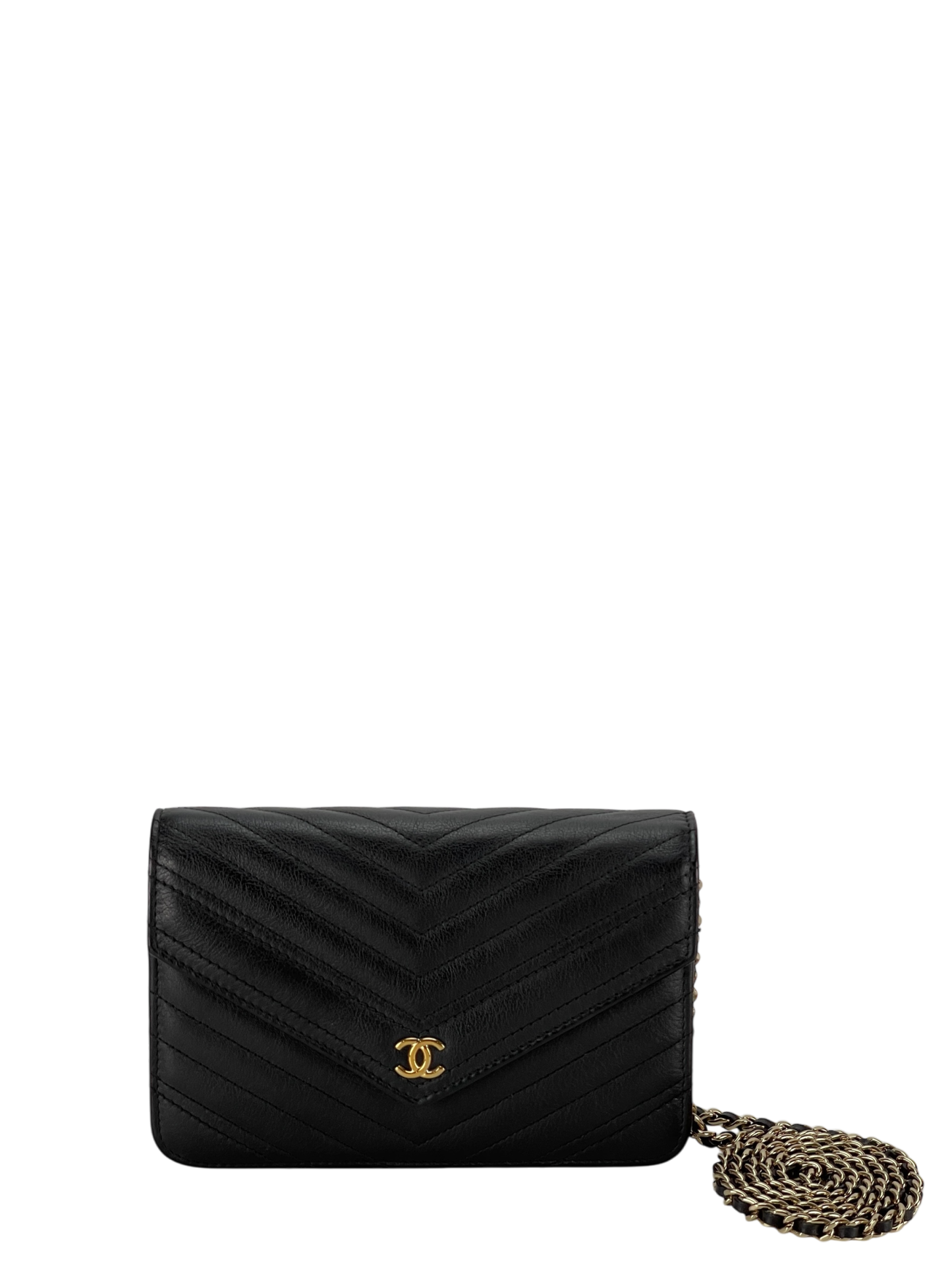 CHANEL - Black Calfskin V-stich Wallet On Chain (WOC)