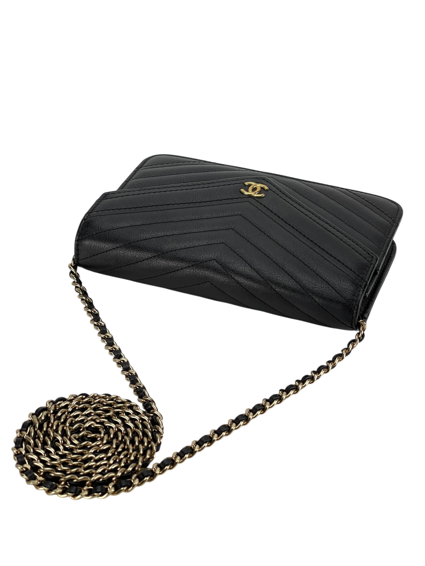 CHANEL - Black Calfskin V-stich Wallet On Chain (WOC)