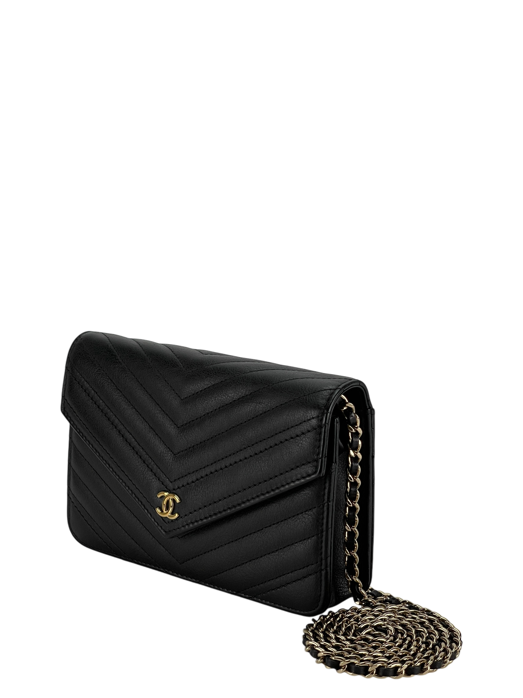 CHANEL - Black Calfskin V-stich Wallet On Chain (WOC)