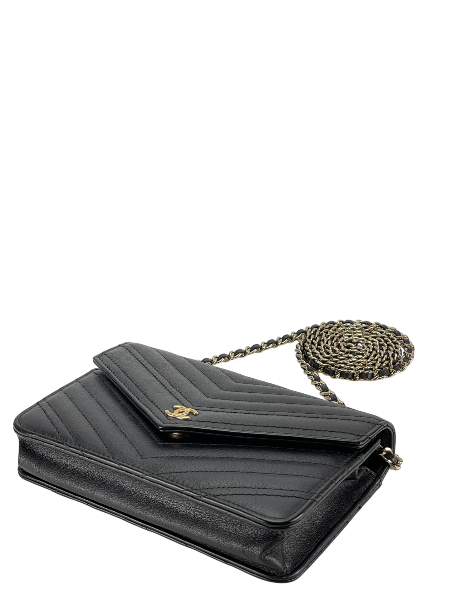 CHANEL - Black Calfskin V-stich Wallet On Chain (WOC)