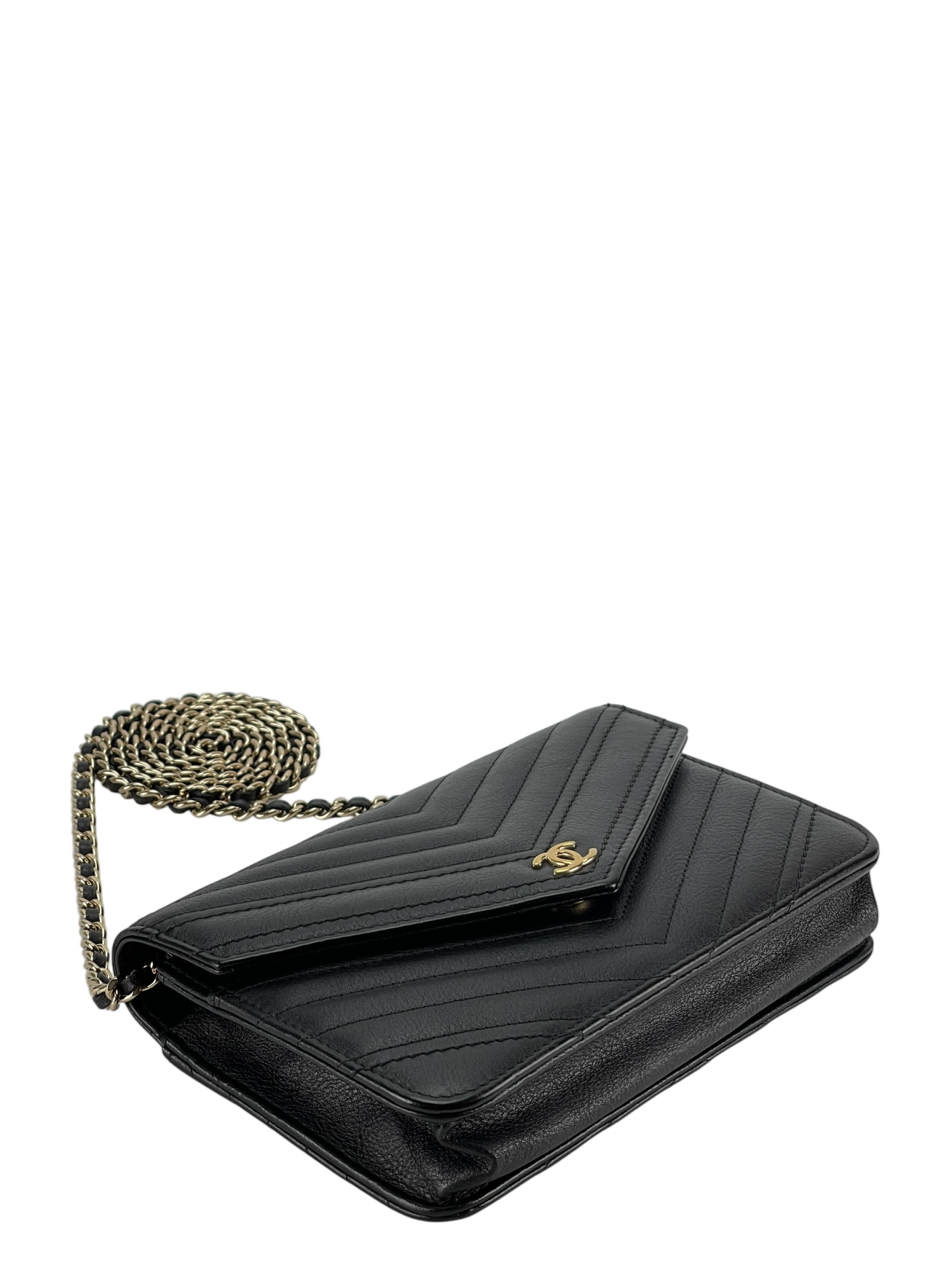 CHANEL - Black Calfskin V-stich Wallet On Chain (WOC)