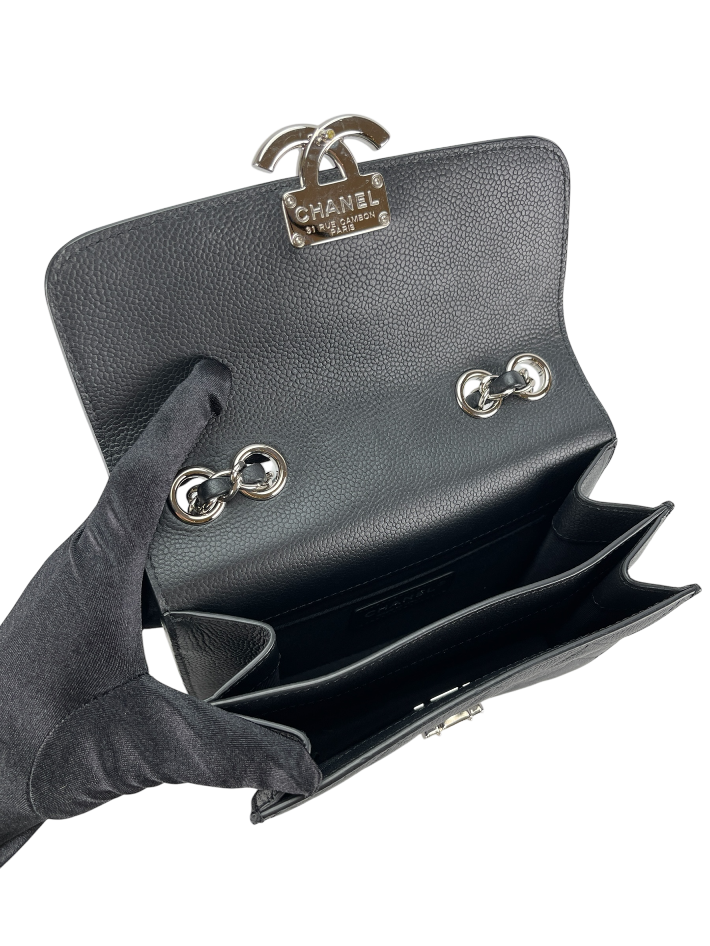 CHANEL - Black Sliver Caviar Quilted CC Box FlapBag