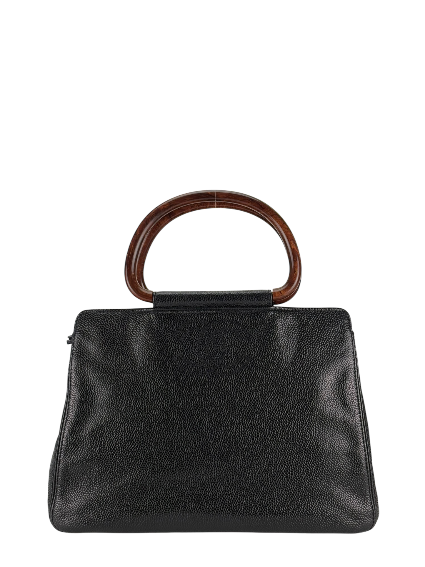 CHANEL -  Black Medium Caviar Wooden Handle Tote Bag