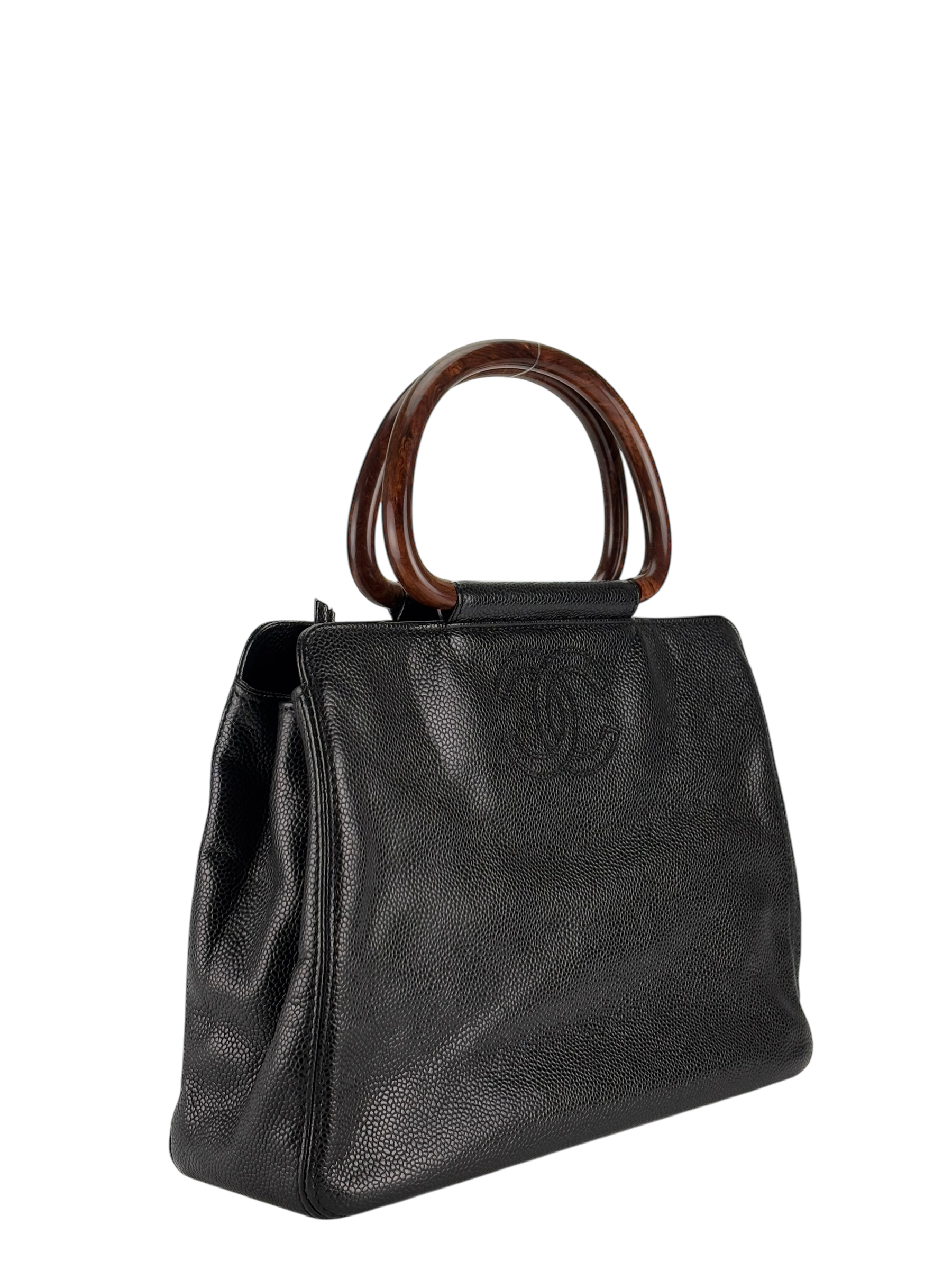 CHANEL -  Black Medium Caviar Wooden Handle Tote Bag