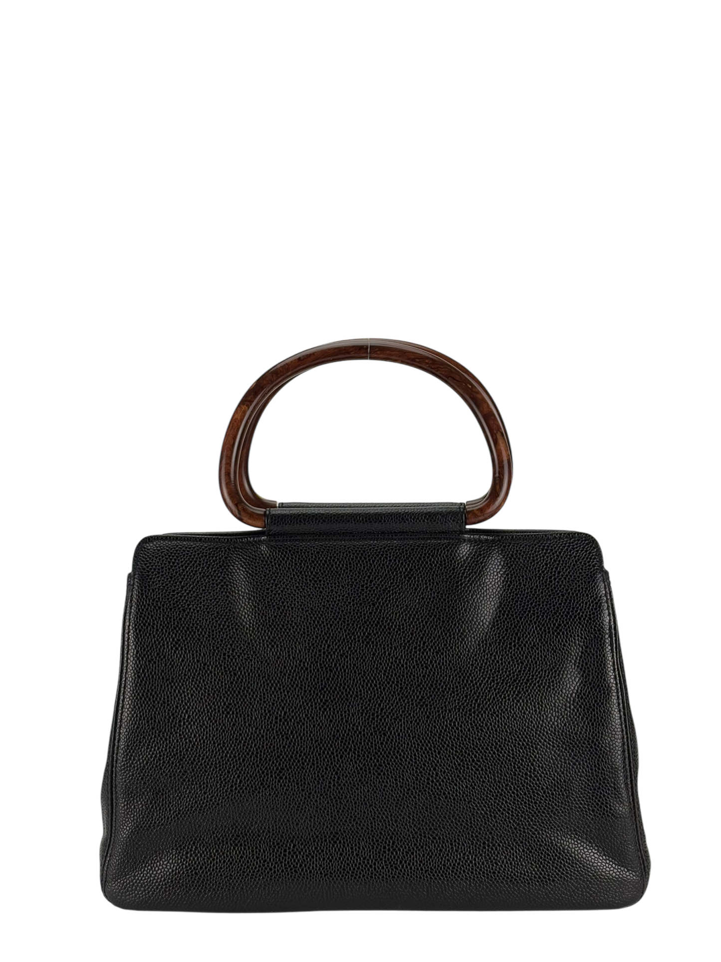 CHANEL -  Black Medium Caviar Wooden Handle Tote Bag