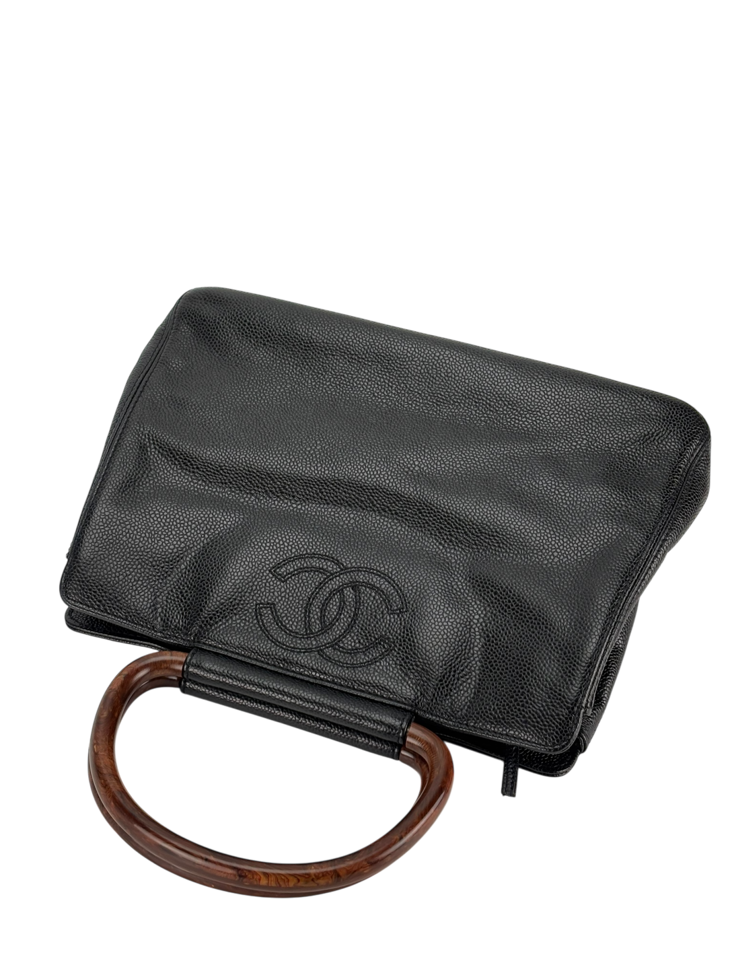 CHANEL -  Black Medium Caviar Wooden Handle Tote Bag