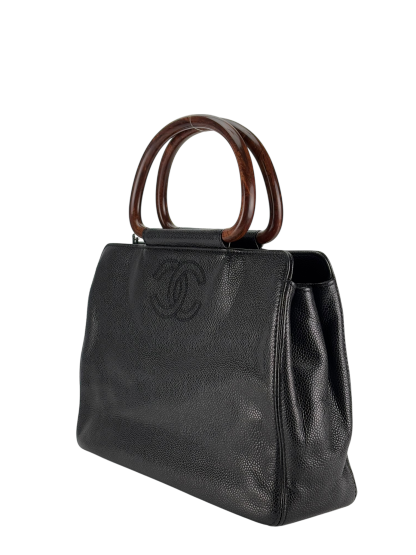 CHANEL -  Black Medium Caviar Wooden Handle Tote Bag