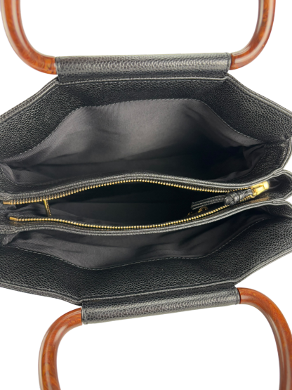 CHANEL -  Black Medium Caviar Wooden Handle Tote Bag
