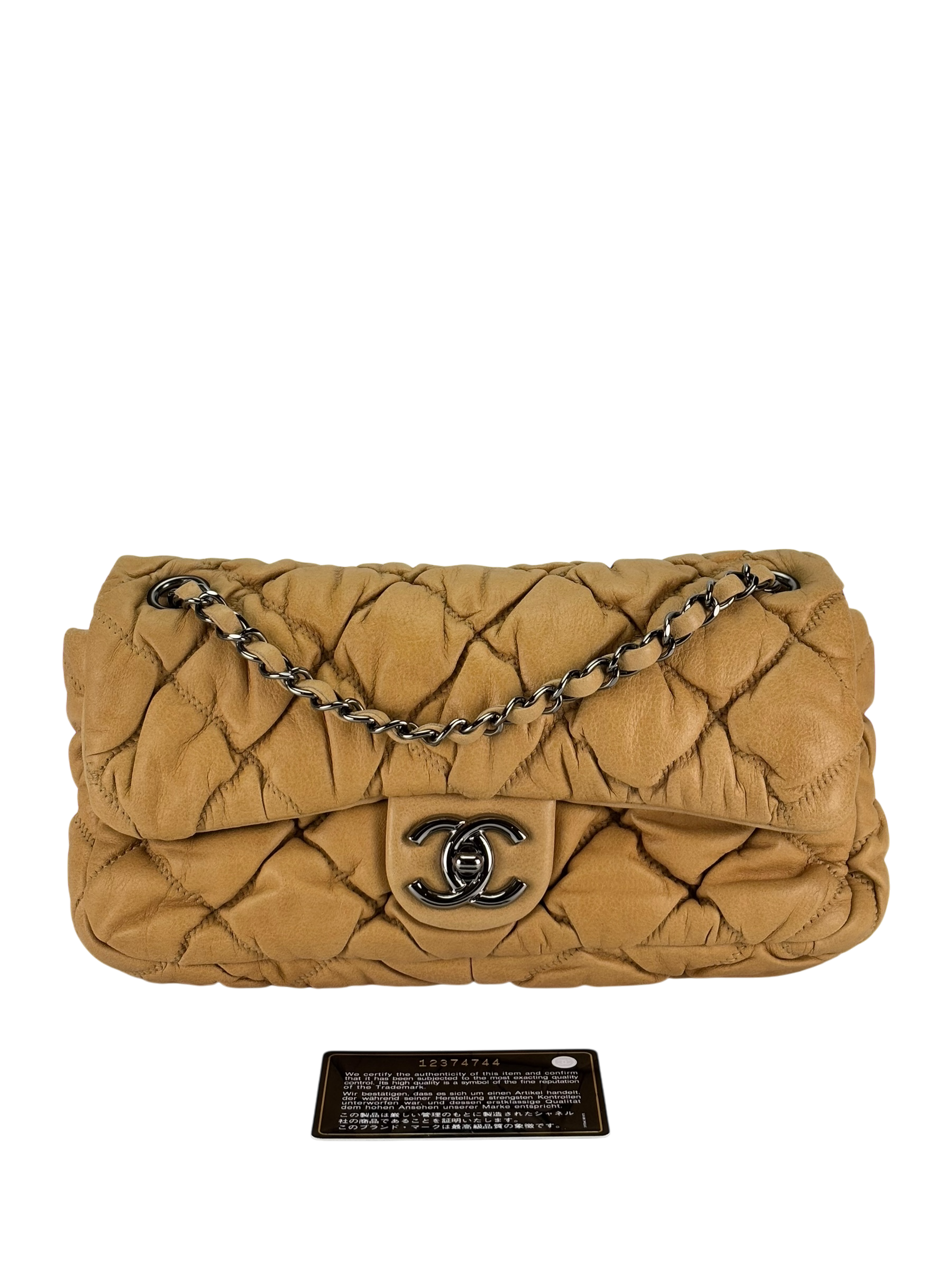 CHANEL - Beige Calfskin Quilted Medium Bubble Quilt Flap Bag