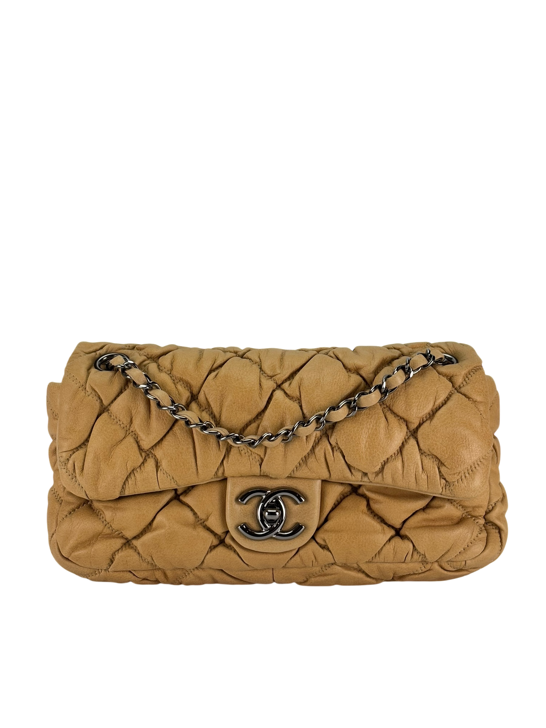 CHANEL - Beige Calfskin Quilted Medium Bubble Quilt Flap Bag