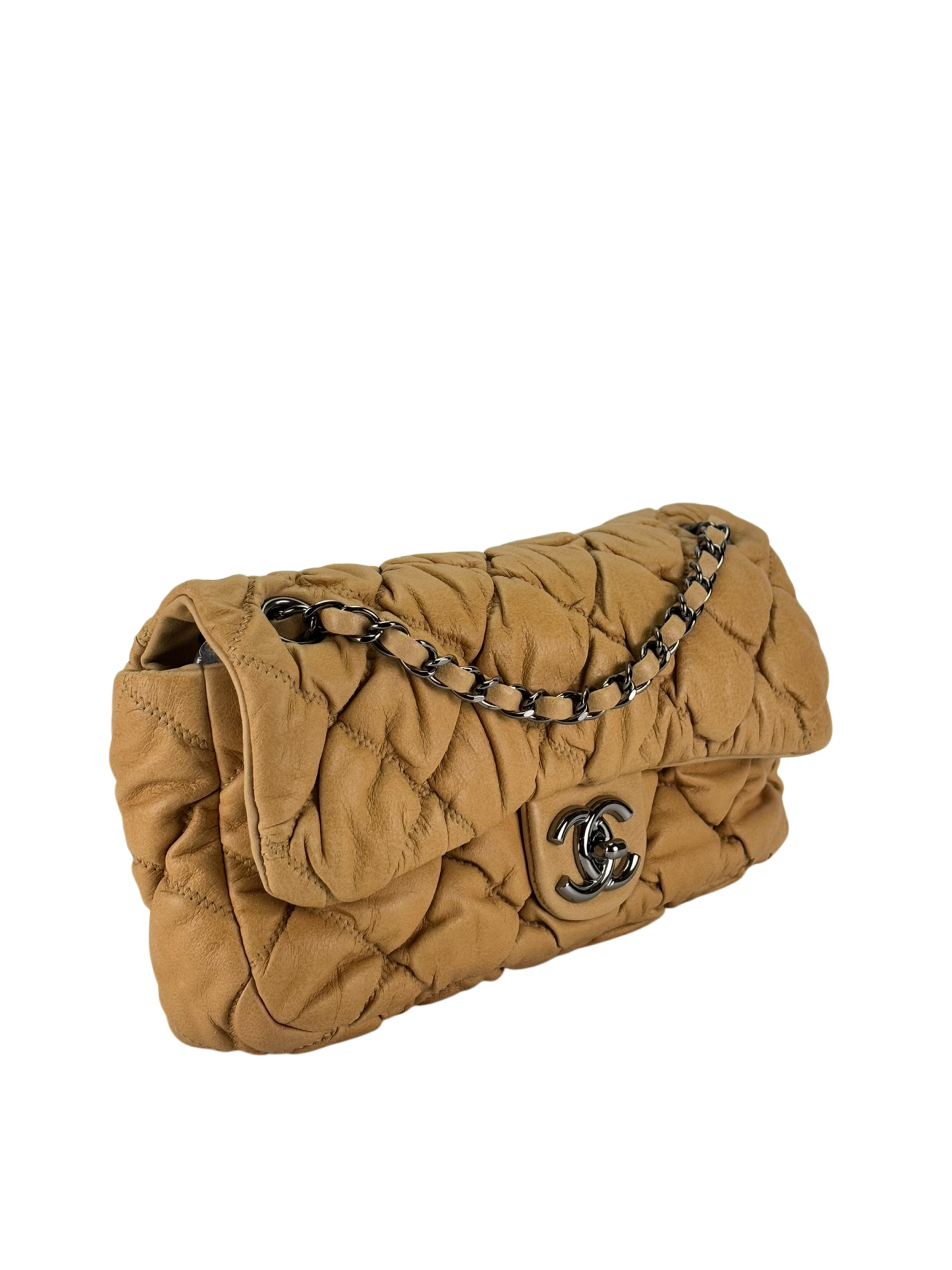 CHANEL - Beige Calfskin Quilted Medium Bubble Quilt Flap Bag