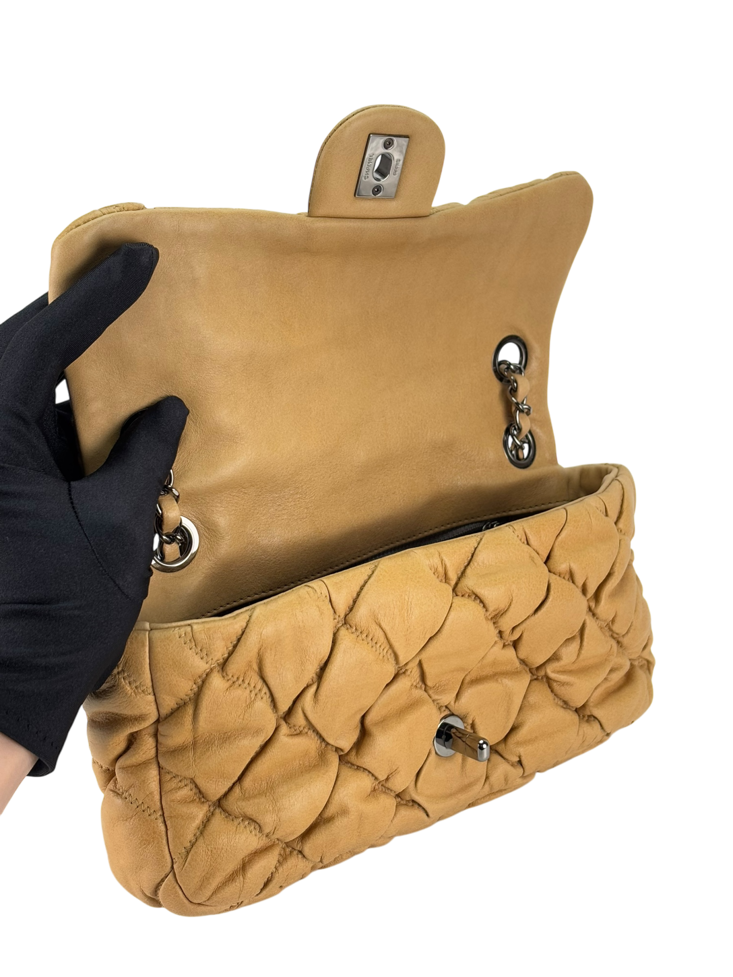 CHANEL - Beige Calfskin Quilted Medium Bubble Quilt Flap Bag
