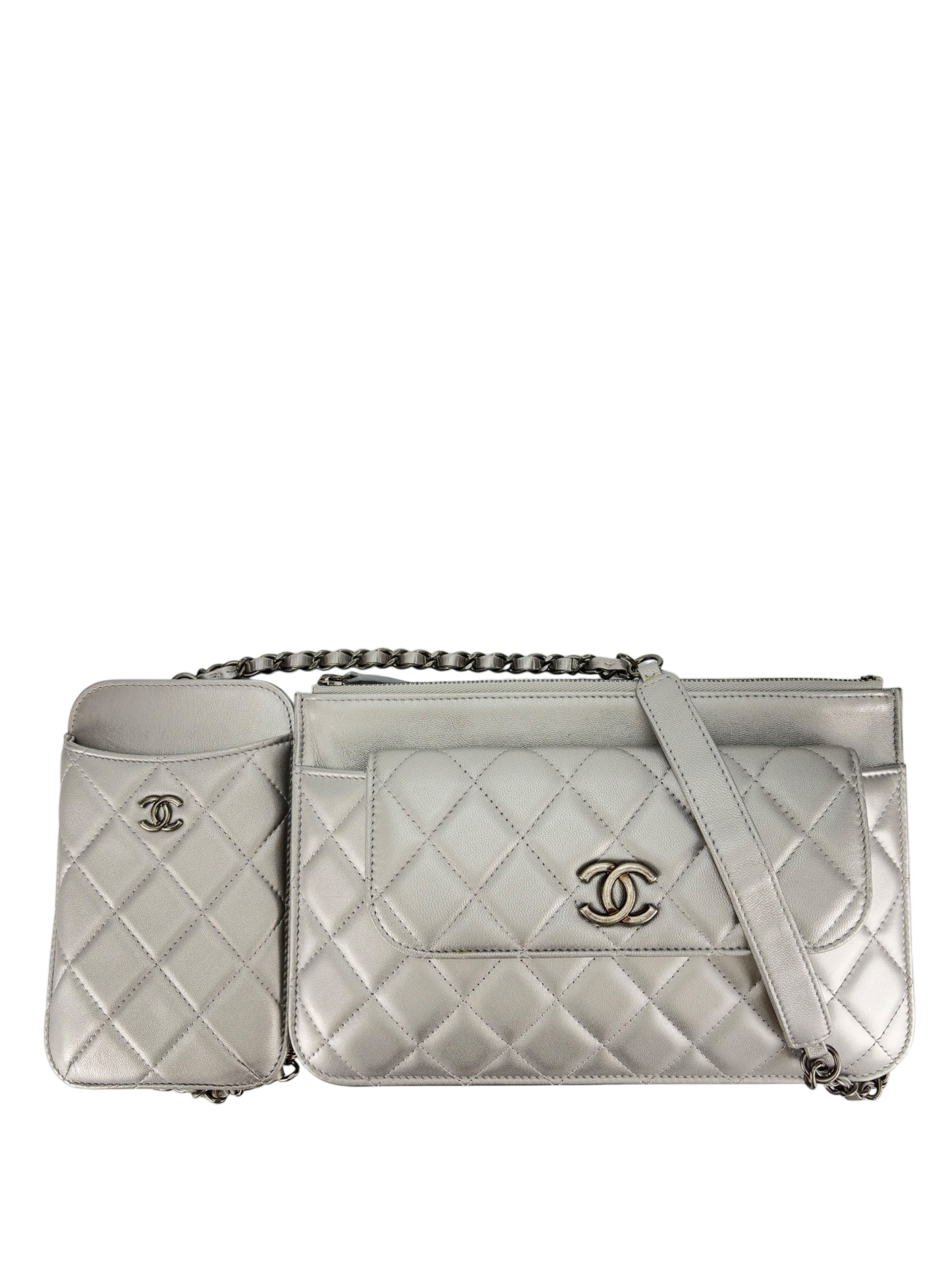 CHANEL - Silver Lambskin Quilted Pochette Crossbody Bag 3in1