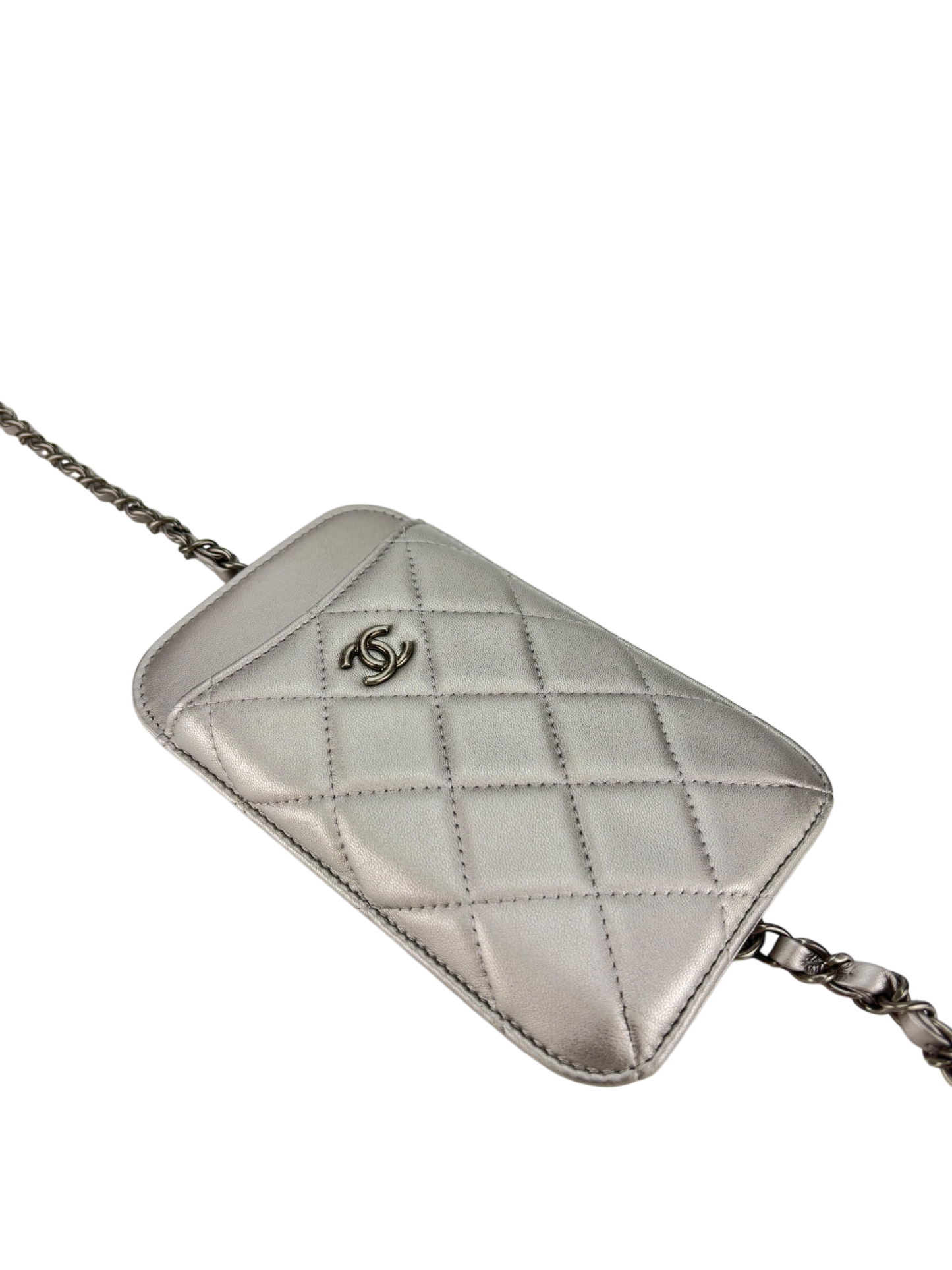 CHANEL - Silver Lambskin Quilted Pochette Crossbody Bag 3in1