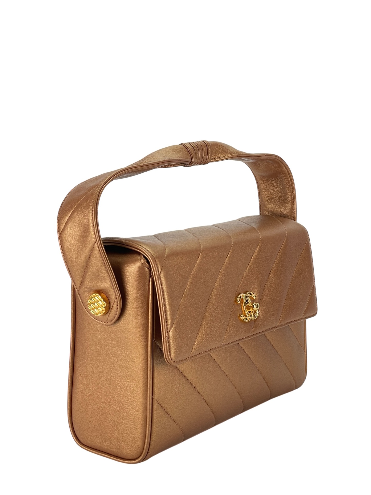 CHANEL - Flap Bag Bronze Diagonal Quilted Calfskin Gold Hardware
