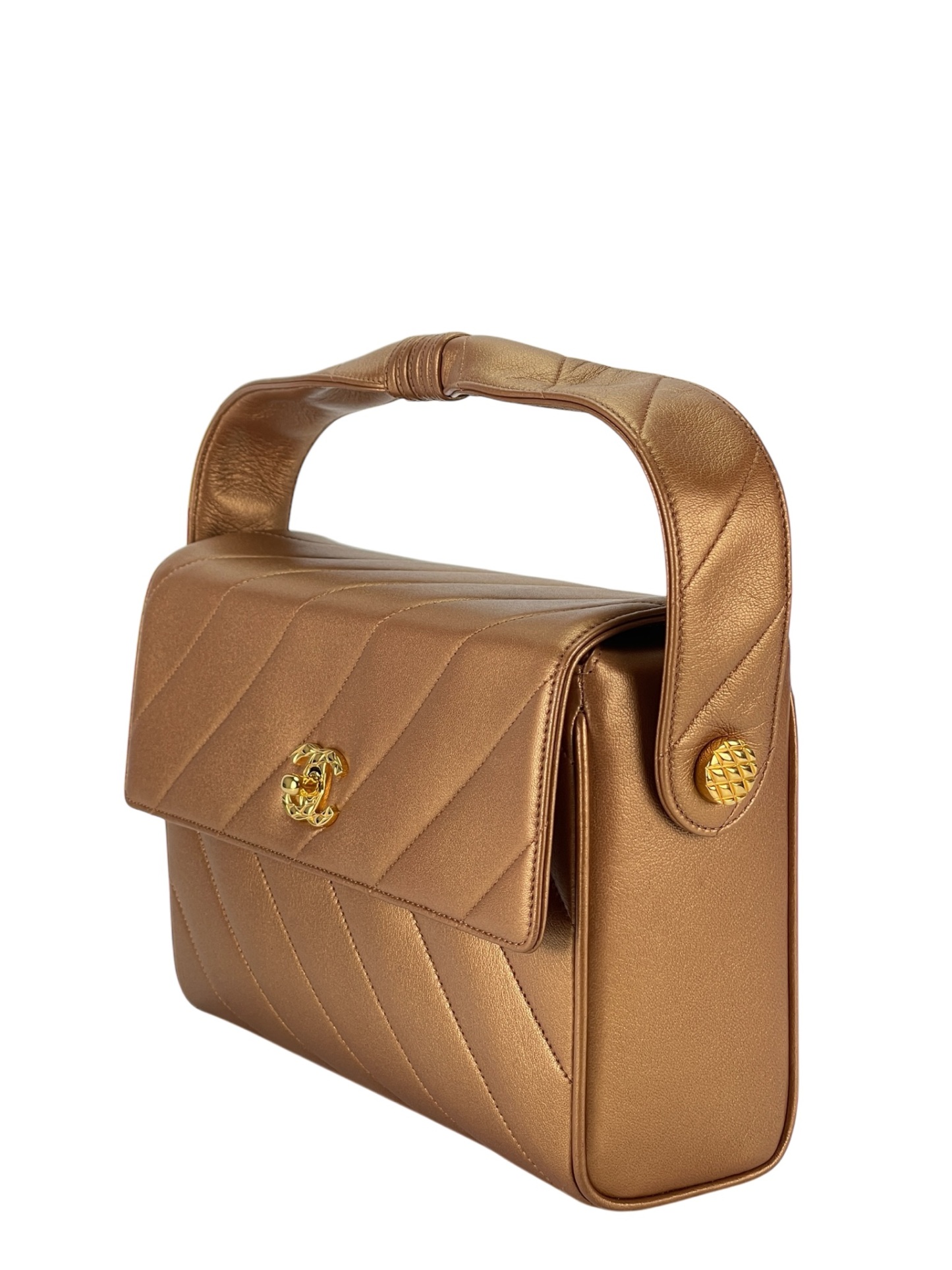 CHANEL - Flap Bag Bronze Diagonal Quilted Calfskin Gold Hardware