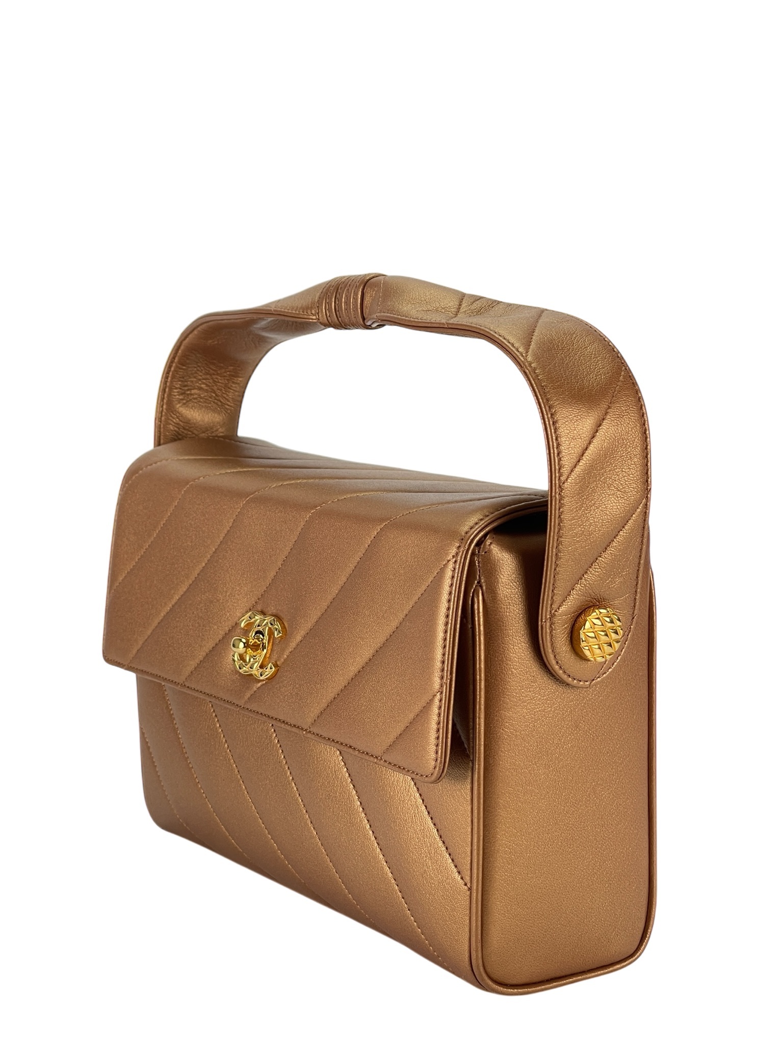 CHANEL - Flap Bag Bronze Diagonal Quilted Calfskin Gold Hardware