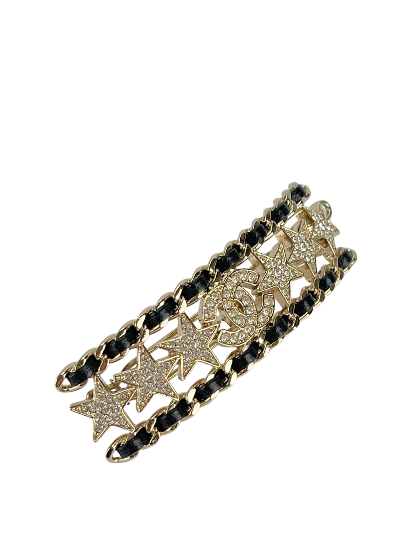 CHANEL - 23C Black Leather Crystal Star hairpin