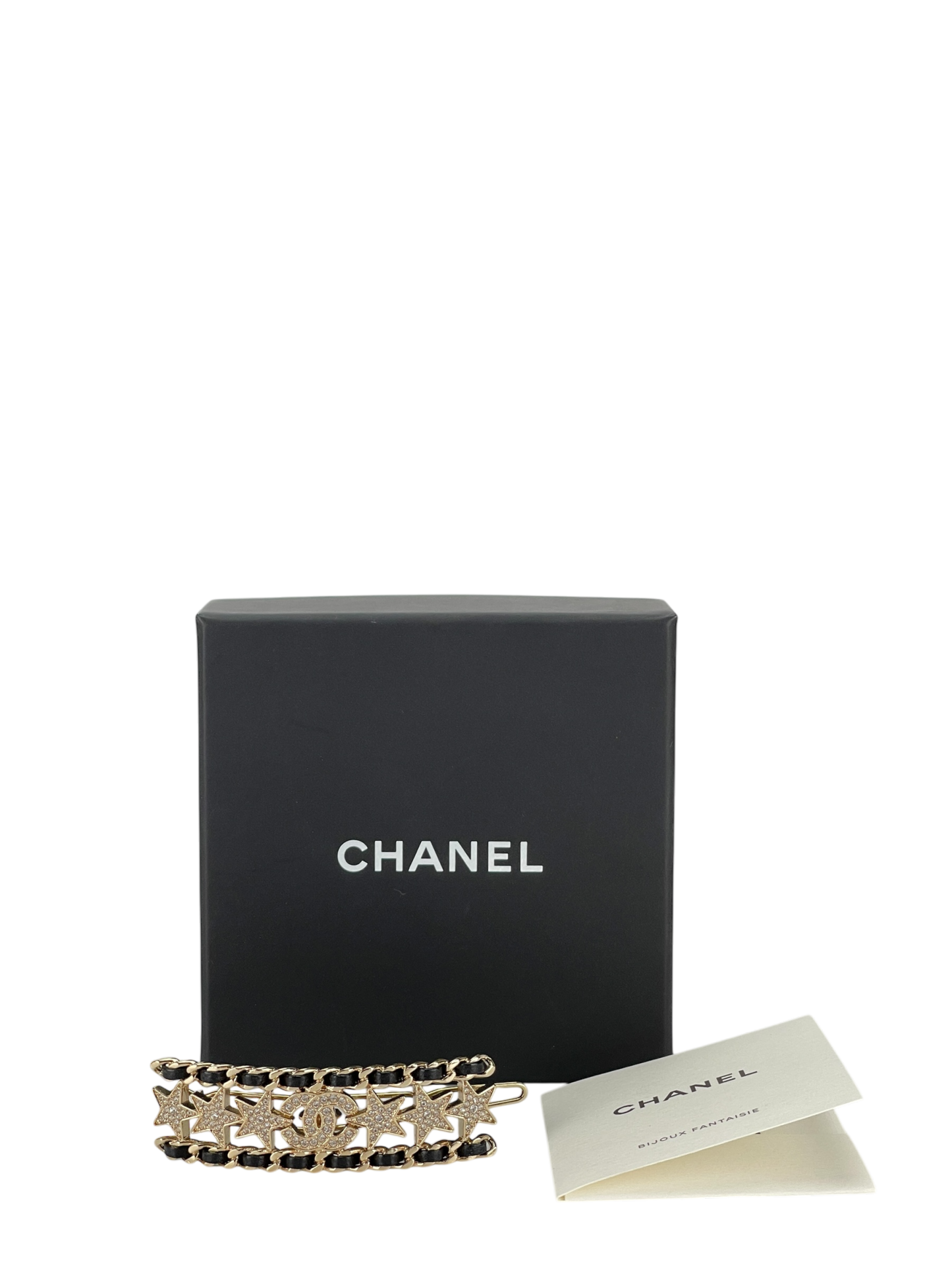 CHANEL - 23C Black Leather Crystal Star hairpin