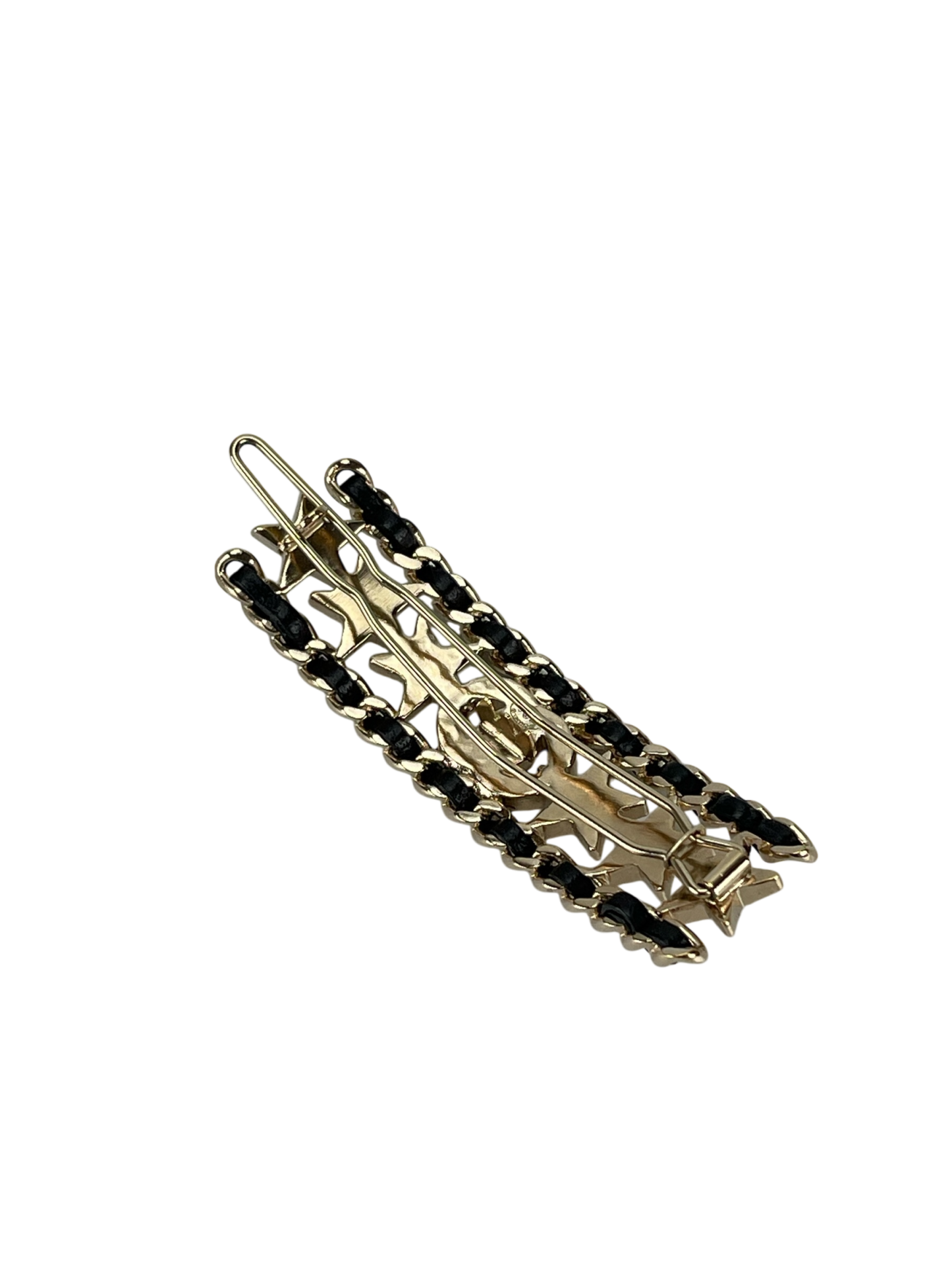 CHANEL - 23C Black Leather Crystal Star hairpin
