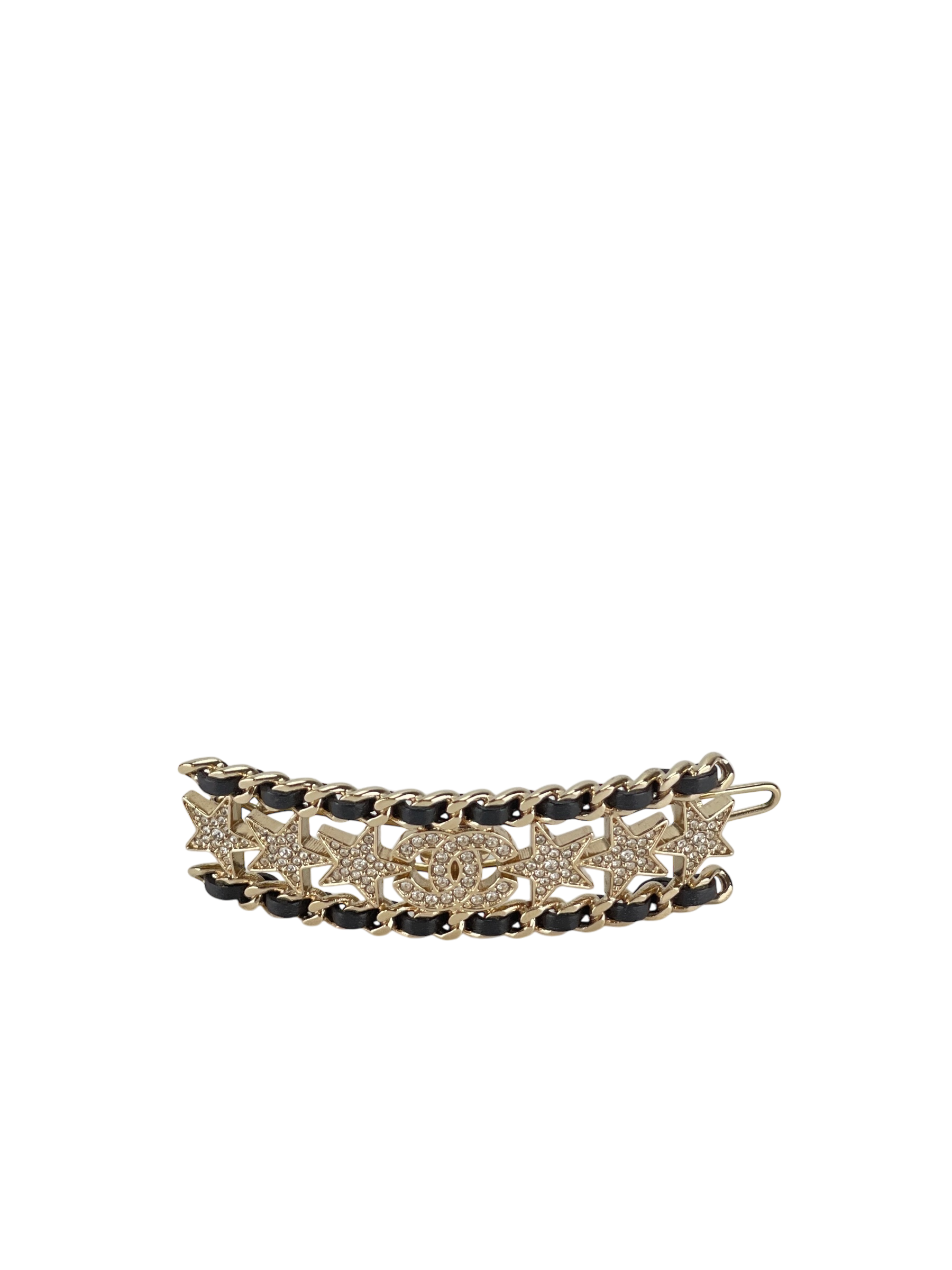 CHANEL - 23C Black Leather Crystal Star hairpin
