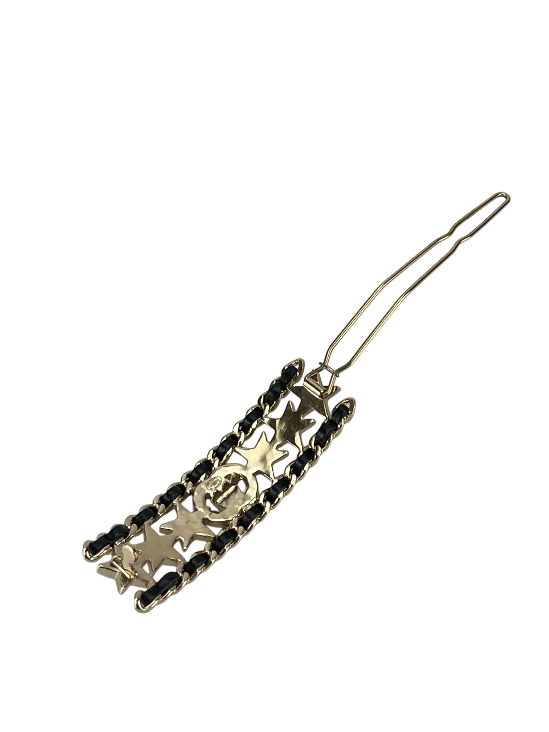 CHANEL - 23C Black Leather Crystal Star hairpin