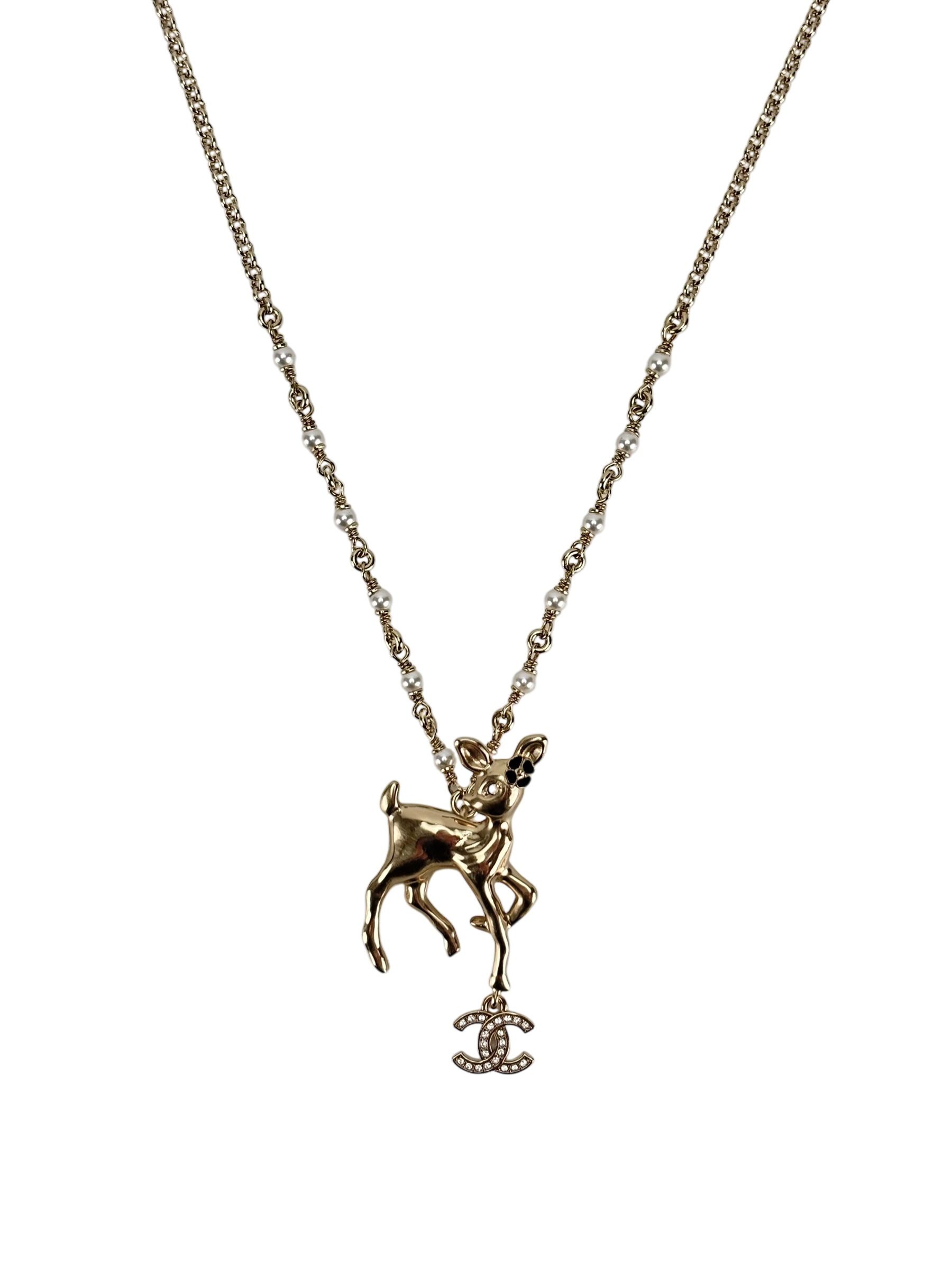 CHANEL - 25P Resin Strass Pearl Gold Deer Bambi Necklace