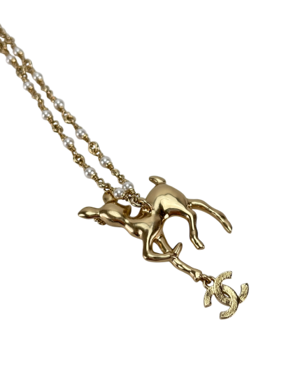 CHANEL - 25P Resin Strass Pearl Gold Deer Bambi Necklace