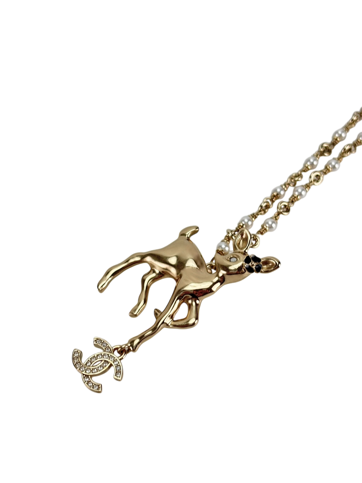 CHANEL - 25P Resin Strass Pearl Gold Deer Bambi Necklace