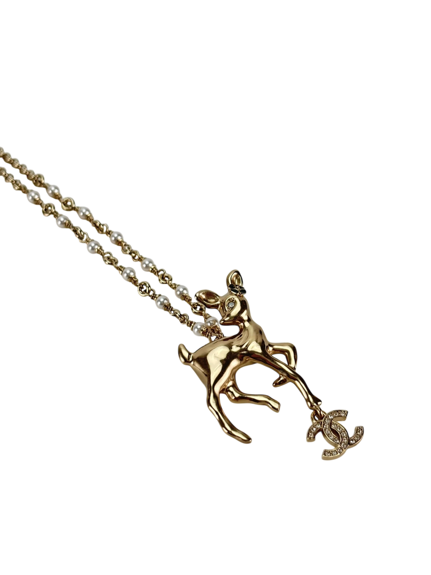 CHANEL - 25P Resin Strass Pearl Gold Deer Bambi Necklace