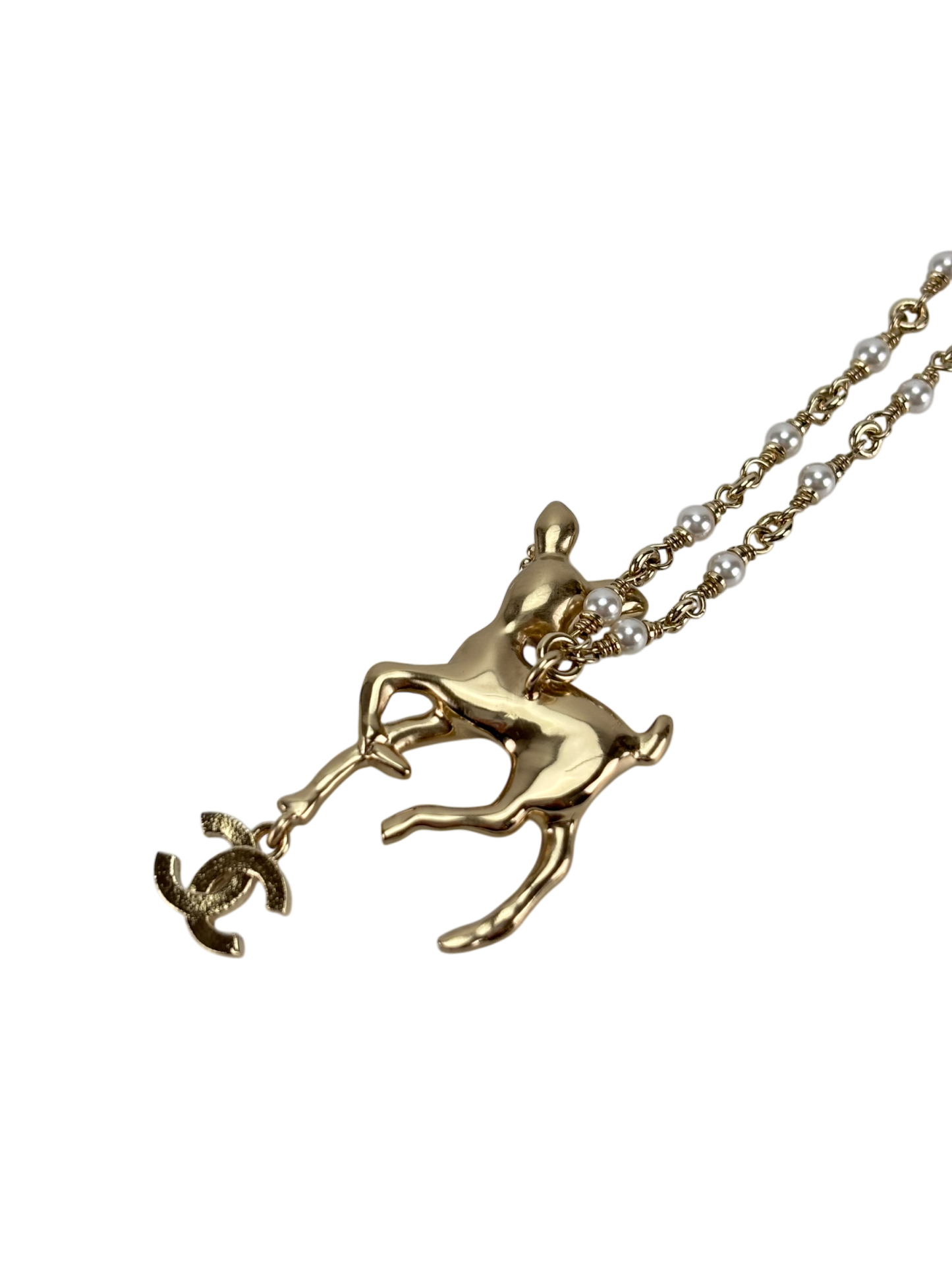 CHANEL - 25P Resin Strass Pearl Gold Deer Bambi Necklace