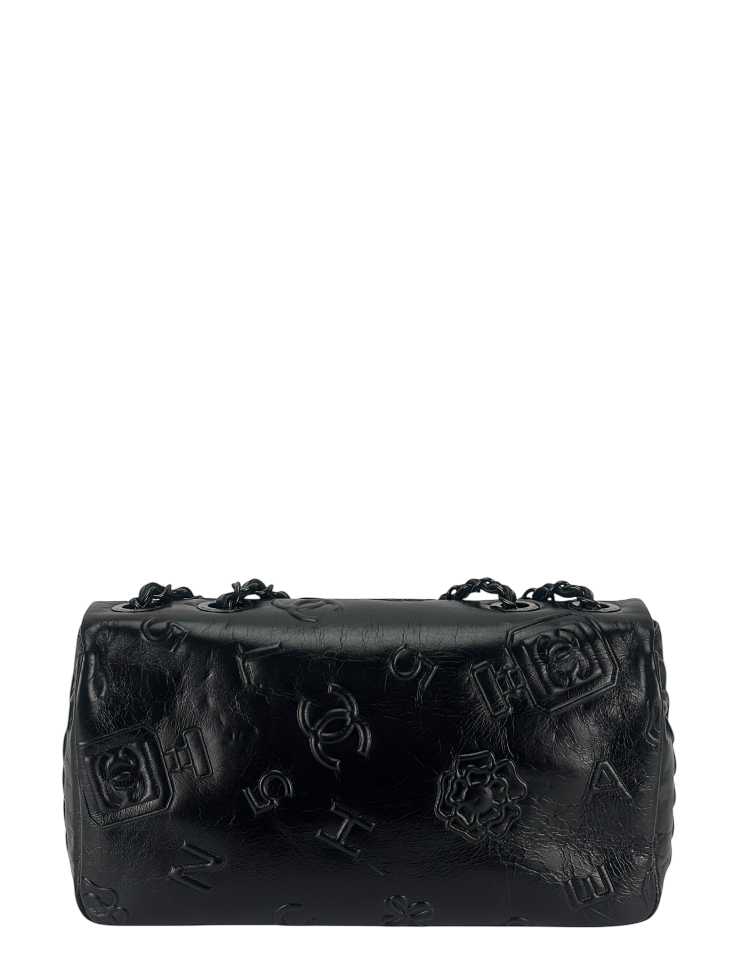 CHANEL - All Black Calfskin Precious Symbols Embossed Flap Bag