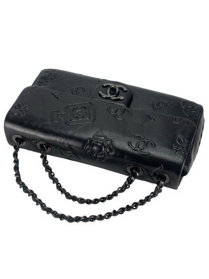CHANEL - All Black Calfskin Precious Symbols Embossed Flap Bag