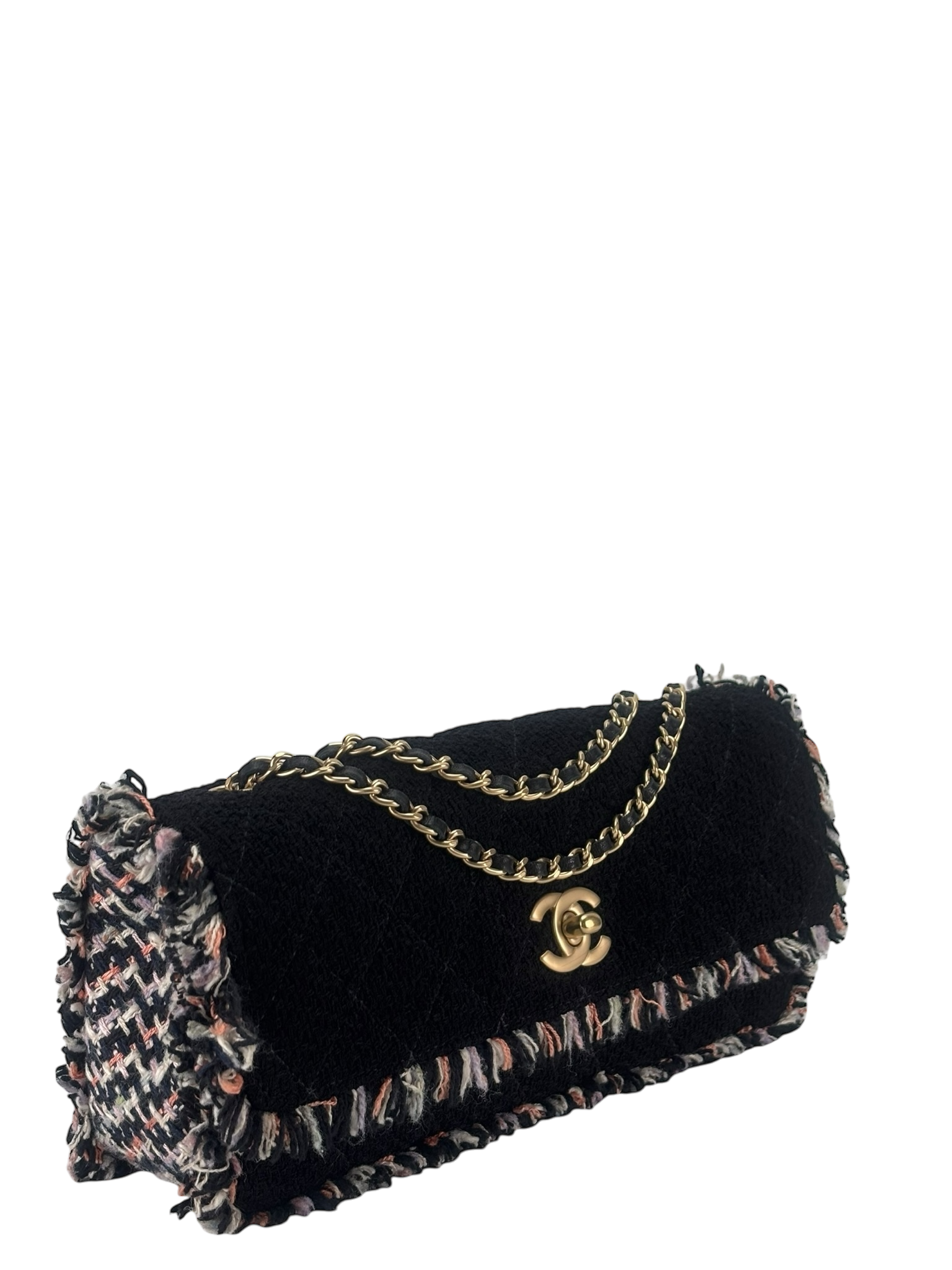CHANEL - Black and Multi Tweed East West Classic Single Flap Bag