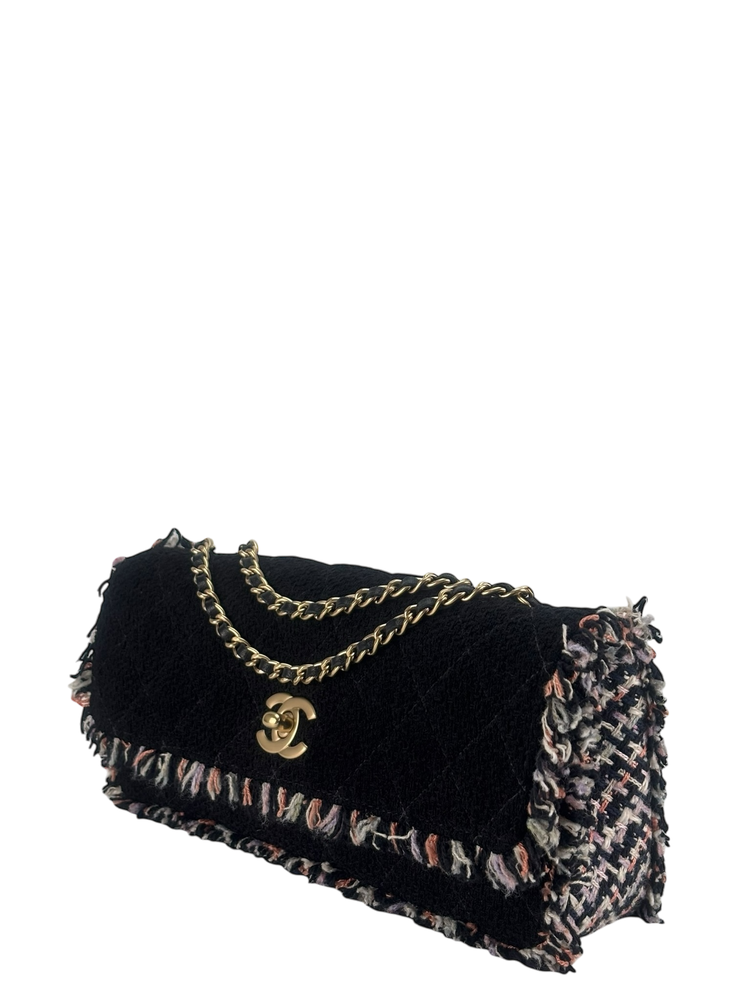 CHANEL - Black and Multi Tweed East West Classic Single Flap Bag
