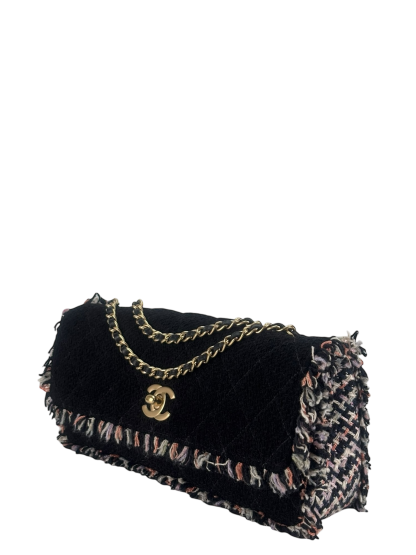 CHANEL - Black and Multi Tweed East West Classic Single Flap Bag