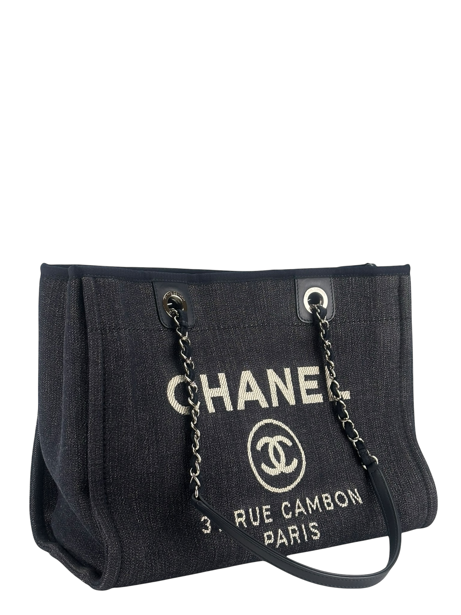 CHANEL - Deauville Tote Navy Blue Denim Sliver Hardware