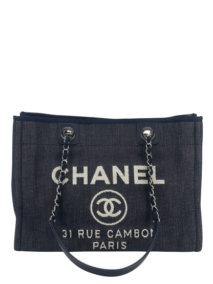 CHANEL - Deauville Tote Navy Blue Denim Sliver Hardware