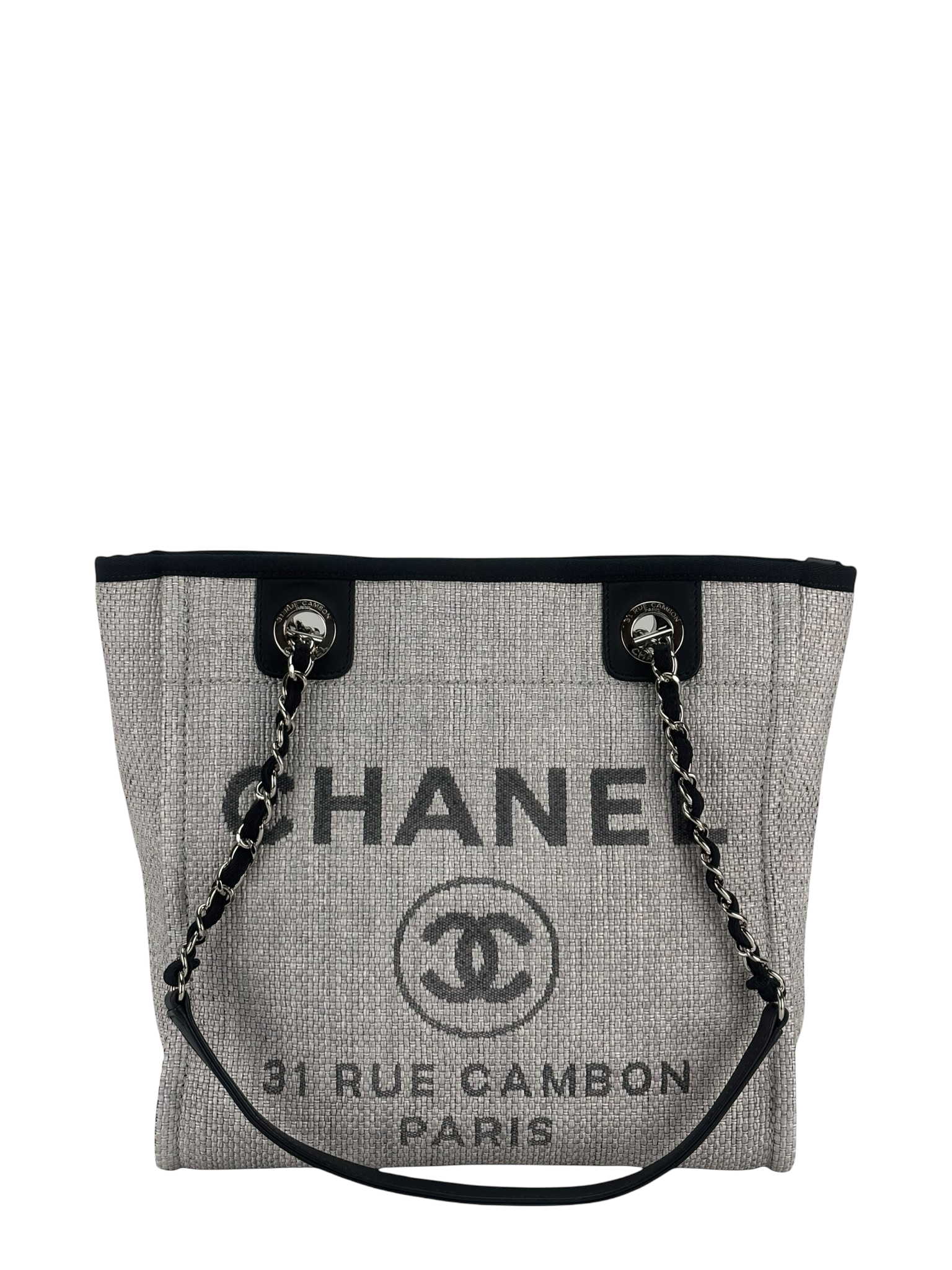 CHANEL - Black Grey Deauville Tote PM Sliver Hardware