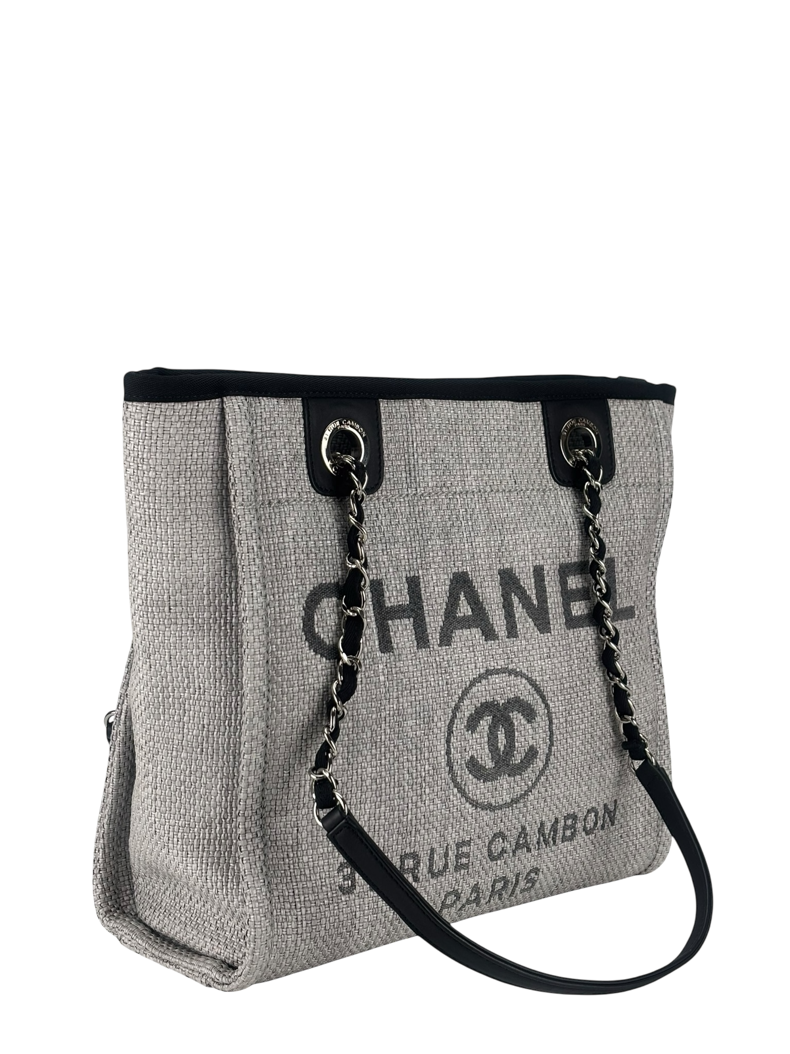 CHANEL - Black Grey Deauville Tote PM Sliver Hardware