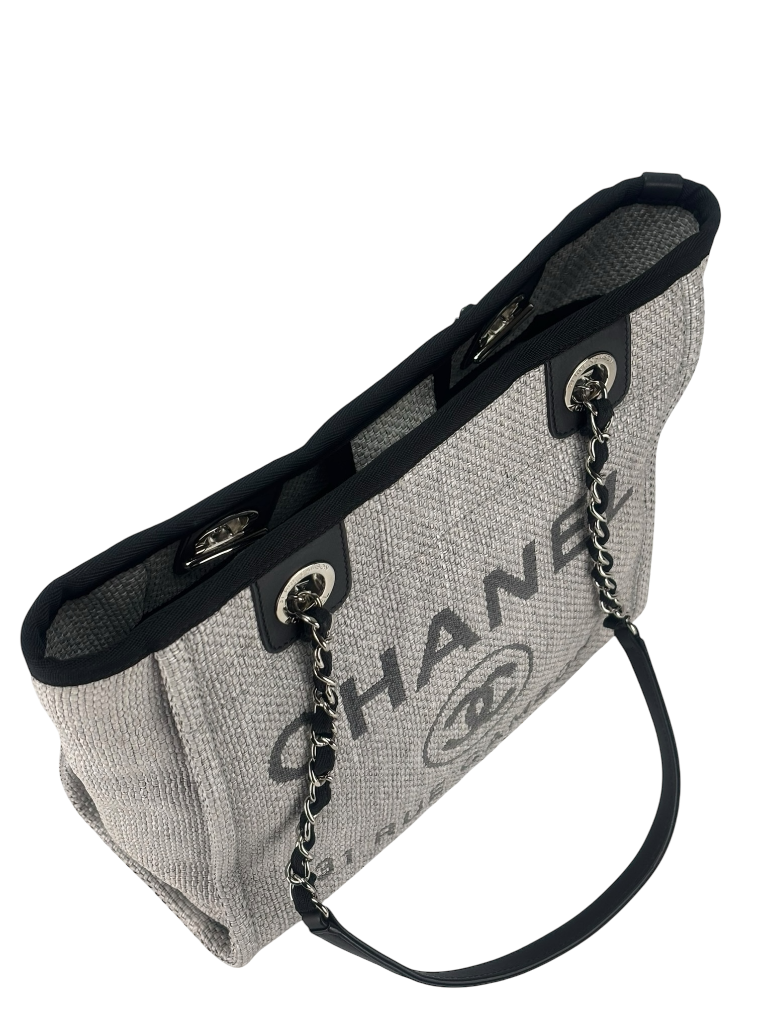 CHANEL - Black Grey Deauville Tote PM Sliver Hardware