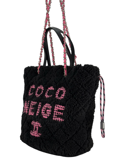 CHANEL - Black Coco Neige Quilted Shearling Tote