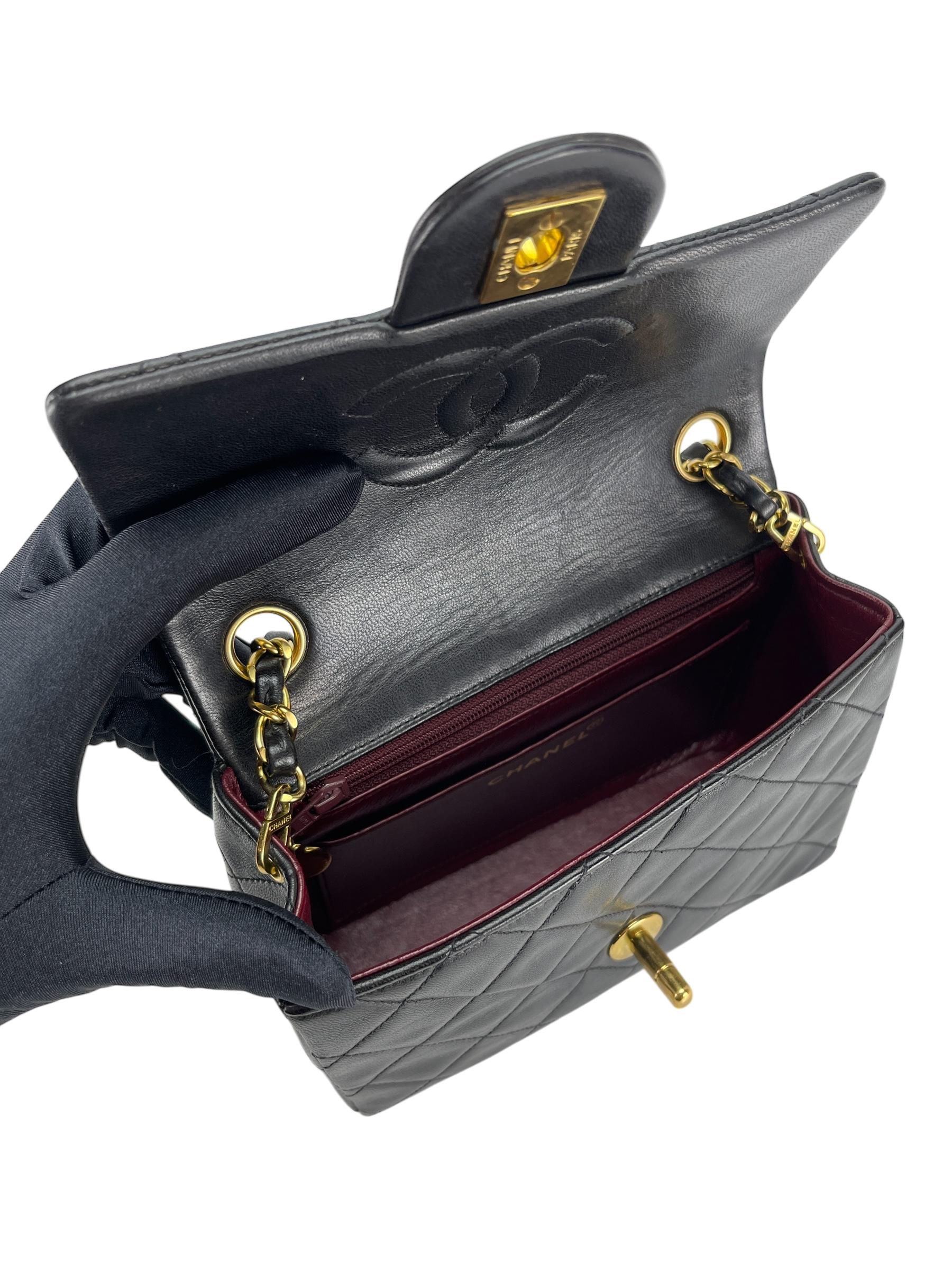 CHANEL - Mini Square Shoulder Bag Black Lambskin Gold Hardware