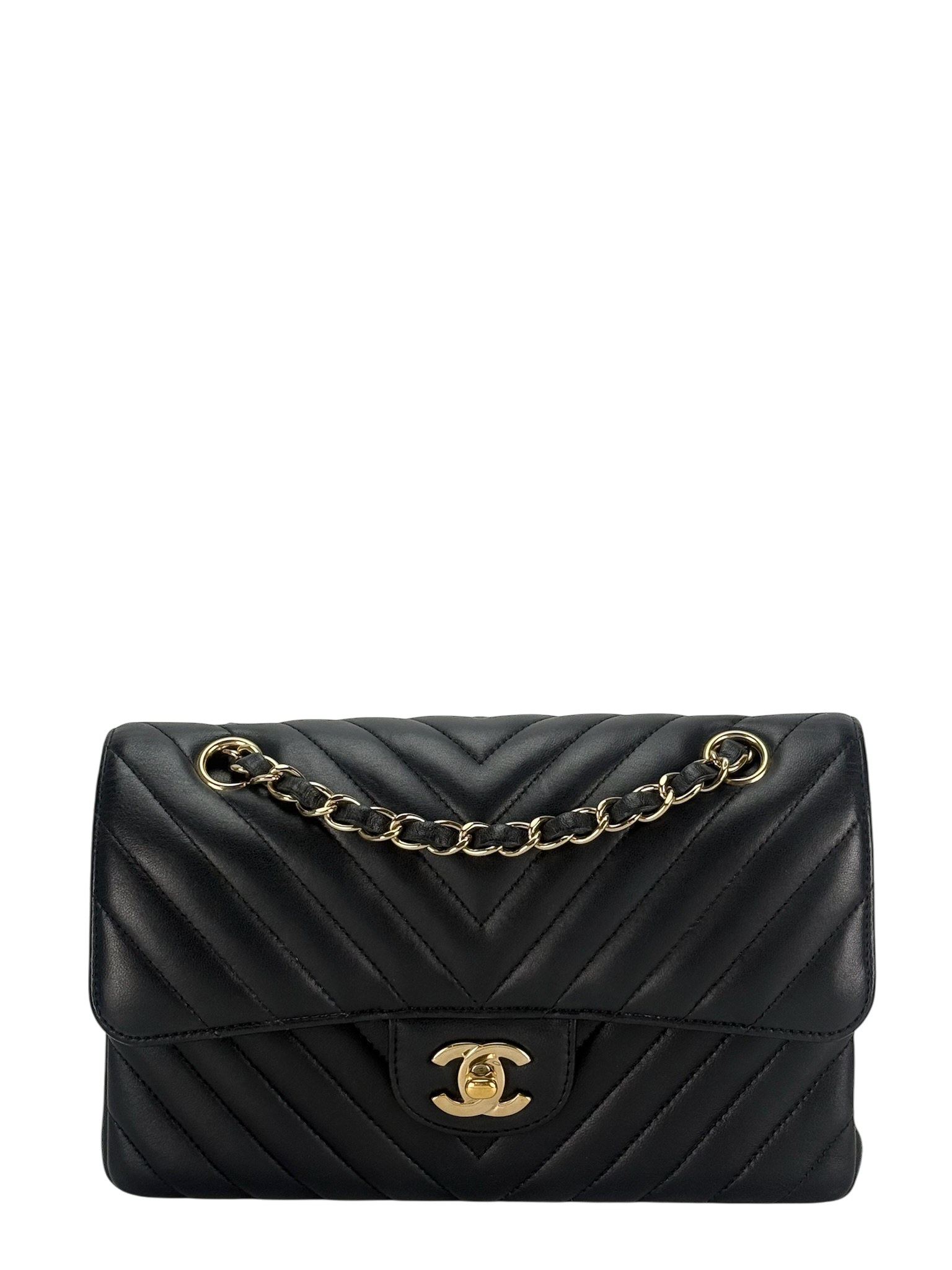 CHANEL - Small V-stitch Double Flap Bag Black Lambskin Gold Hardware (CF23)