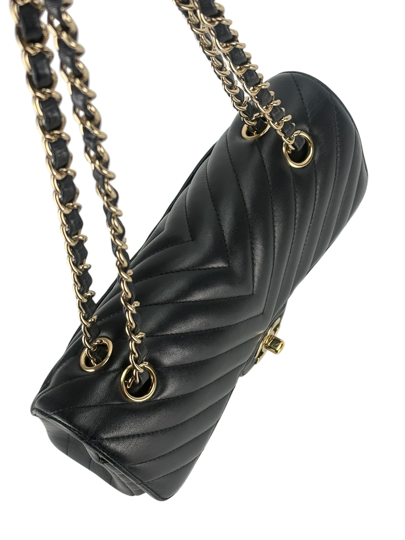 CHANEL - Small V-stitch Double Flap Bag Black Lambskin Gold Hardware (CF23)