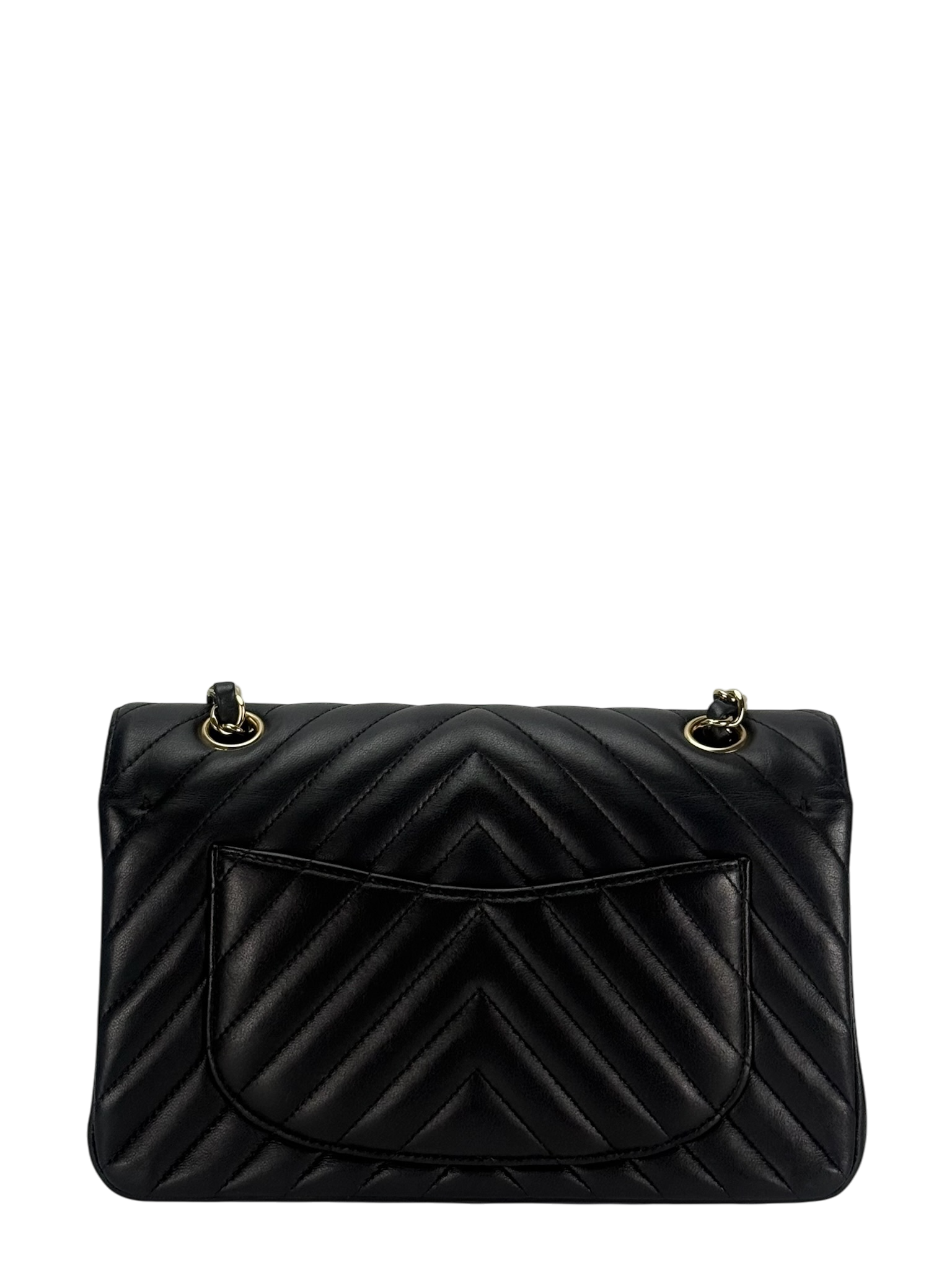 CHANEL - Small V-stitch Double Flap Bag Black Lambskin Gold Hardware (CF23)