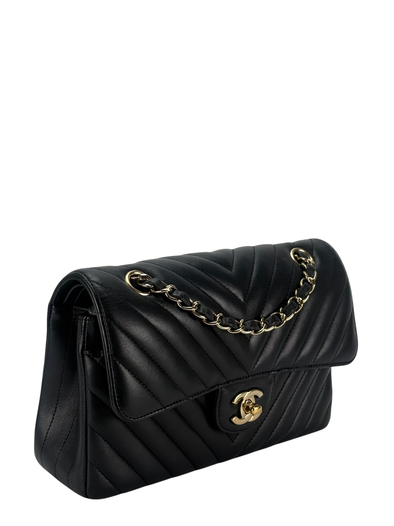 CHANEL - Small V-stitch Double Flap Bag Black Lambskin Gold Hardware (CF23)