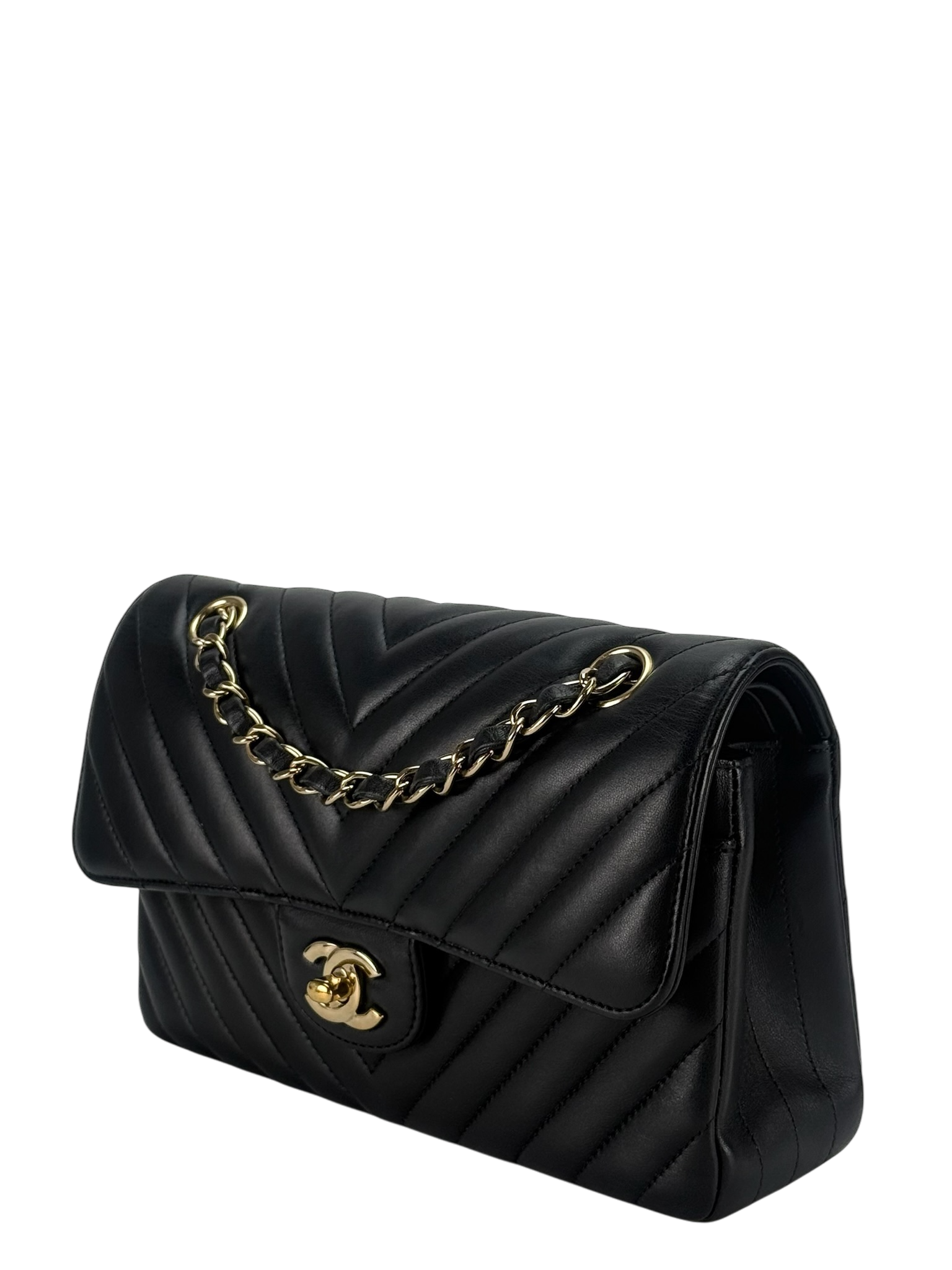 CHANEL - Small V-stitch Double Flap Bag Black Lambskin Gold Hardware (CF23)