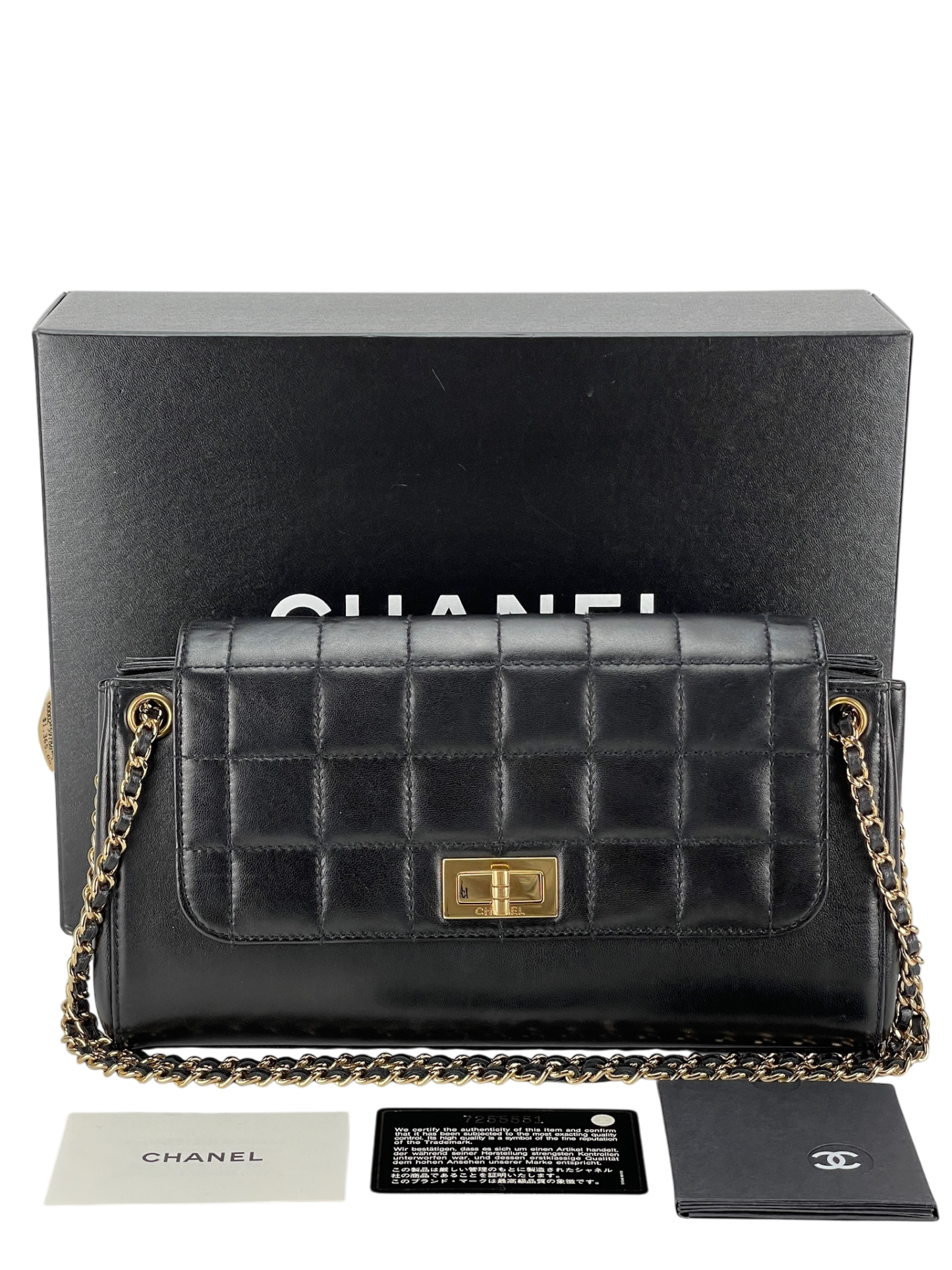 CHANEL - 2.55 Chocolate Bar Chain Shoulder Bag Black Lambskin Gold Hardware